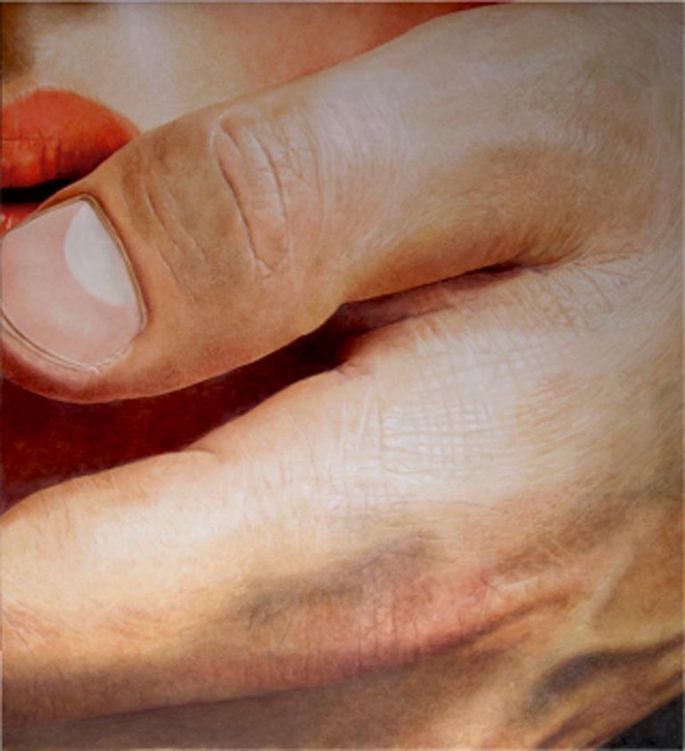 Anne Moses Portrait Painting - Touch 2 - photorealistic woman face close up lip hand thumb detail oil canvas