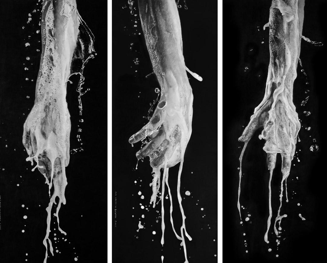 What's Done and Not Done -  contemporary black & white hands drawing triptych - Art by Jose Ladrón de Guevara
