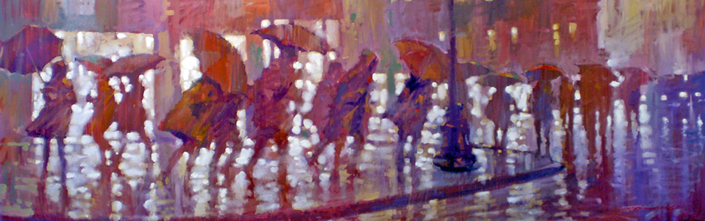David Hinchliffe Figurative Painting - Umbrella Parade (Summer Shower) - contemporary impressionism figures umbrellas