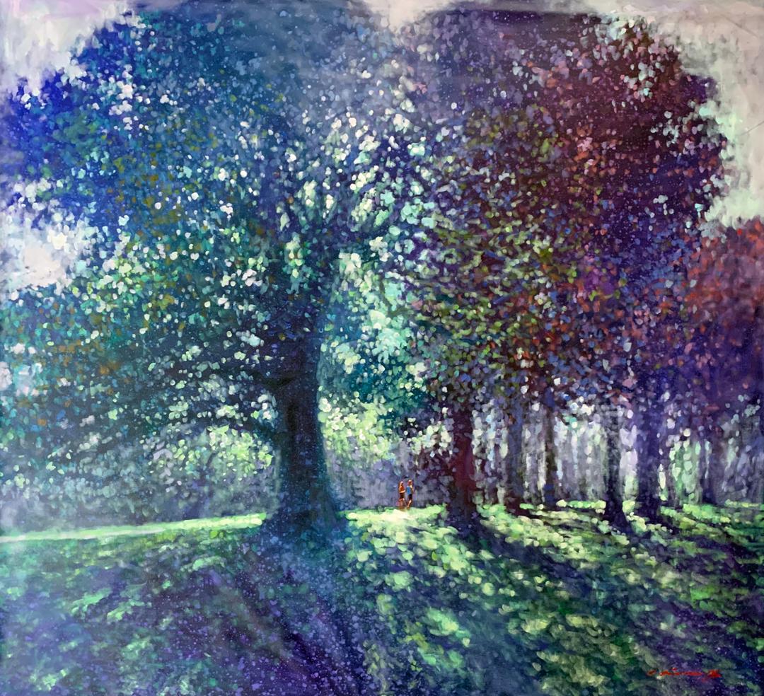 Hampstead Heath Afternoon Light - contemporary impressionism park trees - Painting by David Hinchliffe