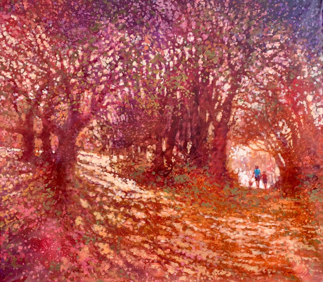 David Hinchliffe Landscape Painting - Walkin the Dog - contemporary impressionism red oil painting park trees