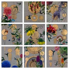Inside n.9 - collaborative geometric birds floral colourful mixed media artwork