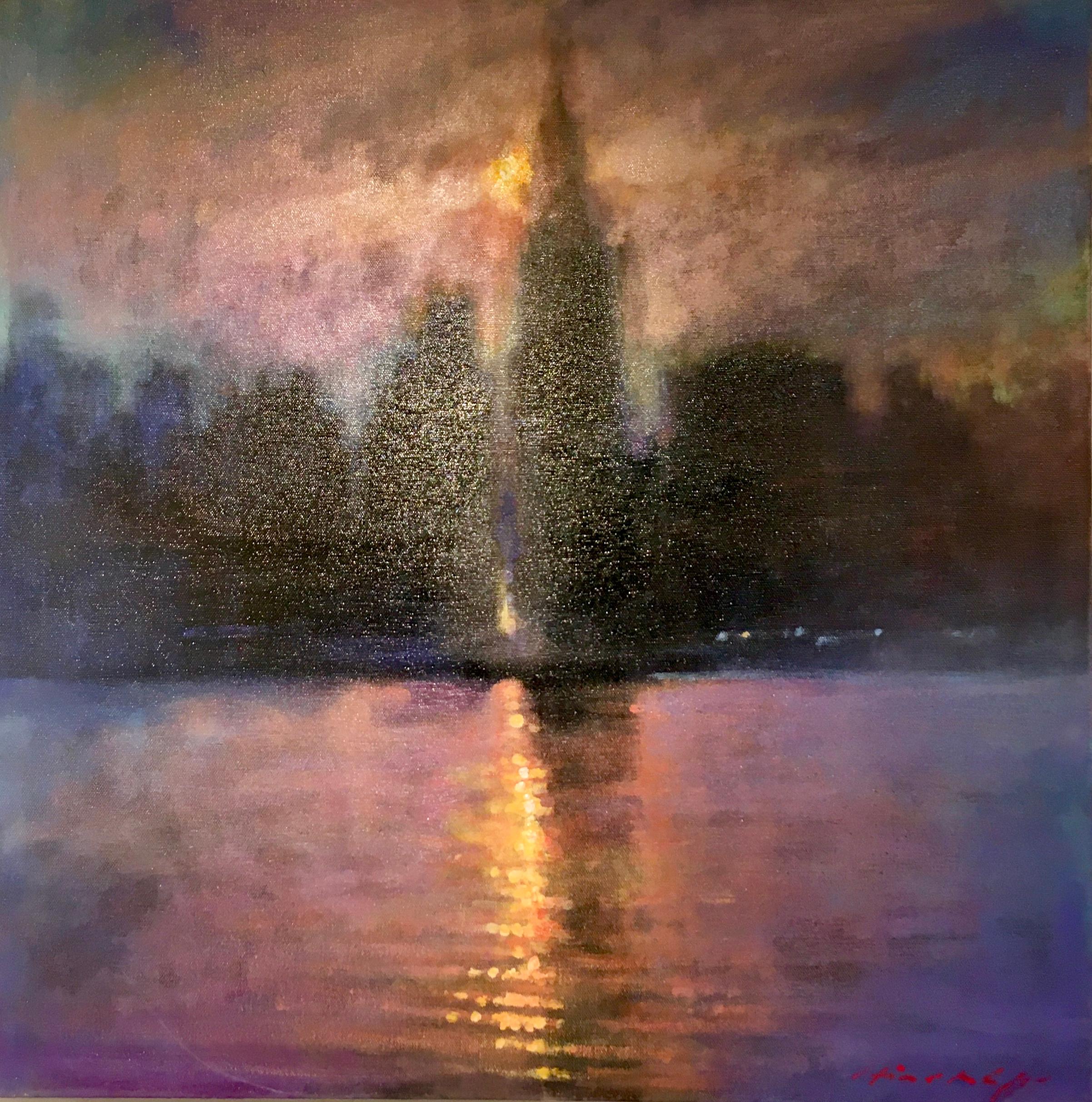 David Hinchliffe Figurative Painting - Summer Sunset - contemporary impressionism landscape London river colourful