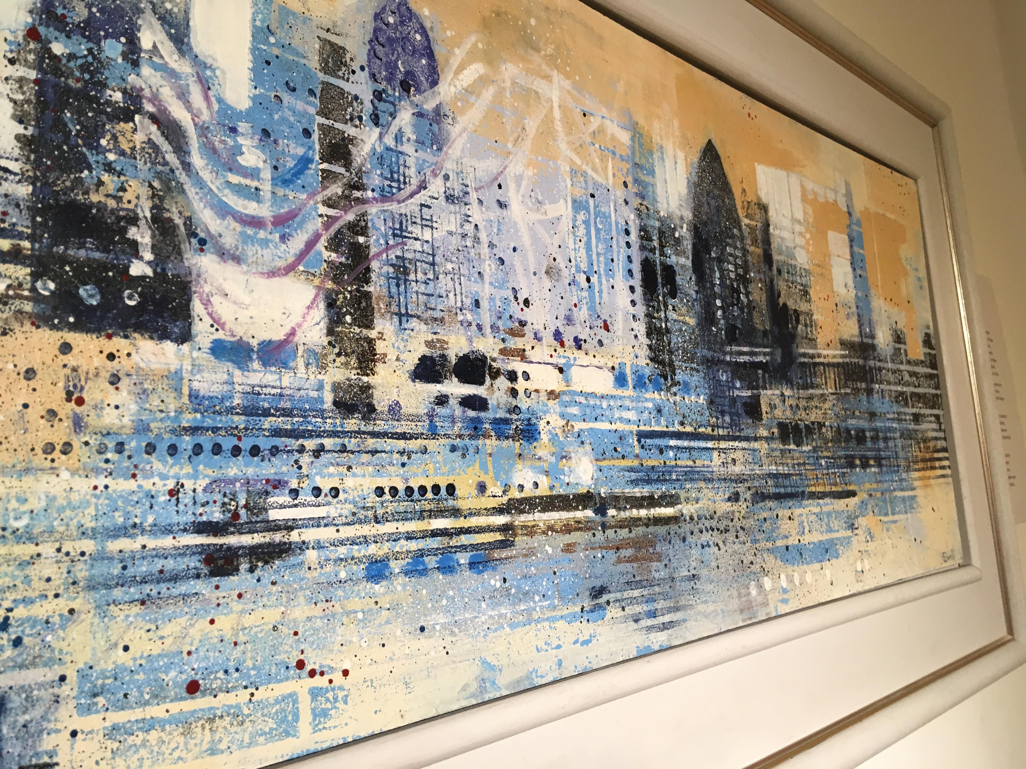 La Tamise bleue - paysage panoramatique, paysage urbain, bâtiments de la Tamise de Londres, vue sur le bleu - Contemporain Painting par Brian Elwell