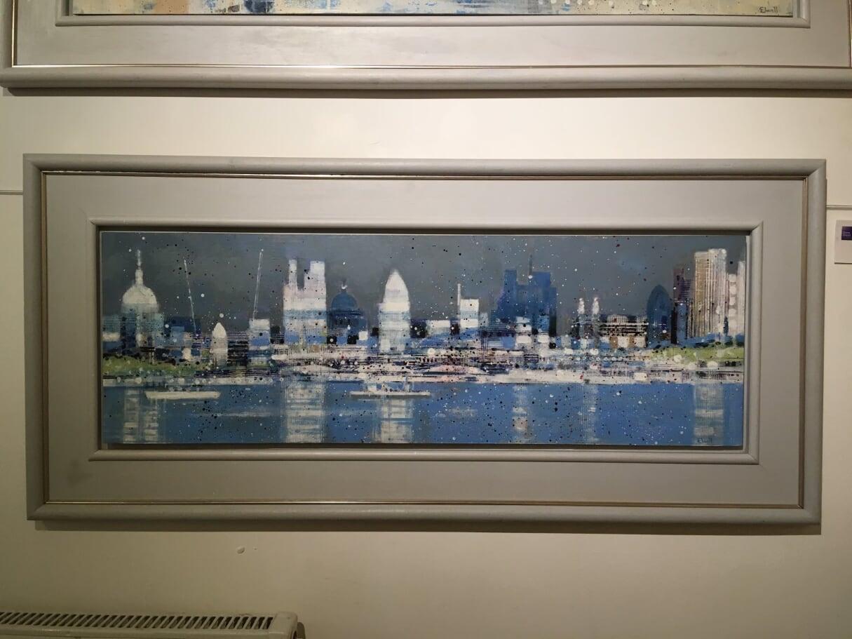 Thames 8 - contemporary London view cityscape expressive oil board  - Painting by Brian Elwell