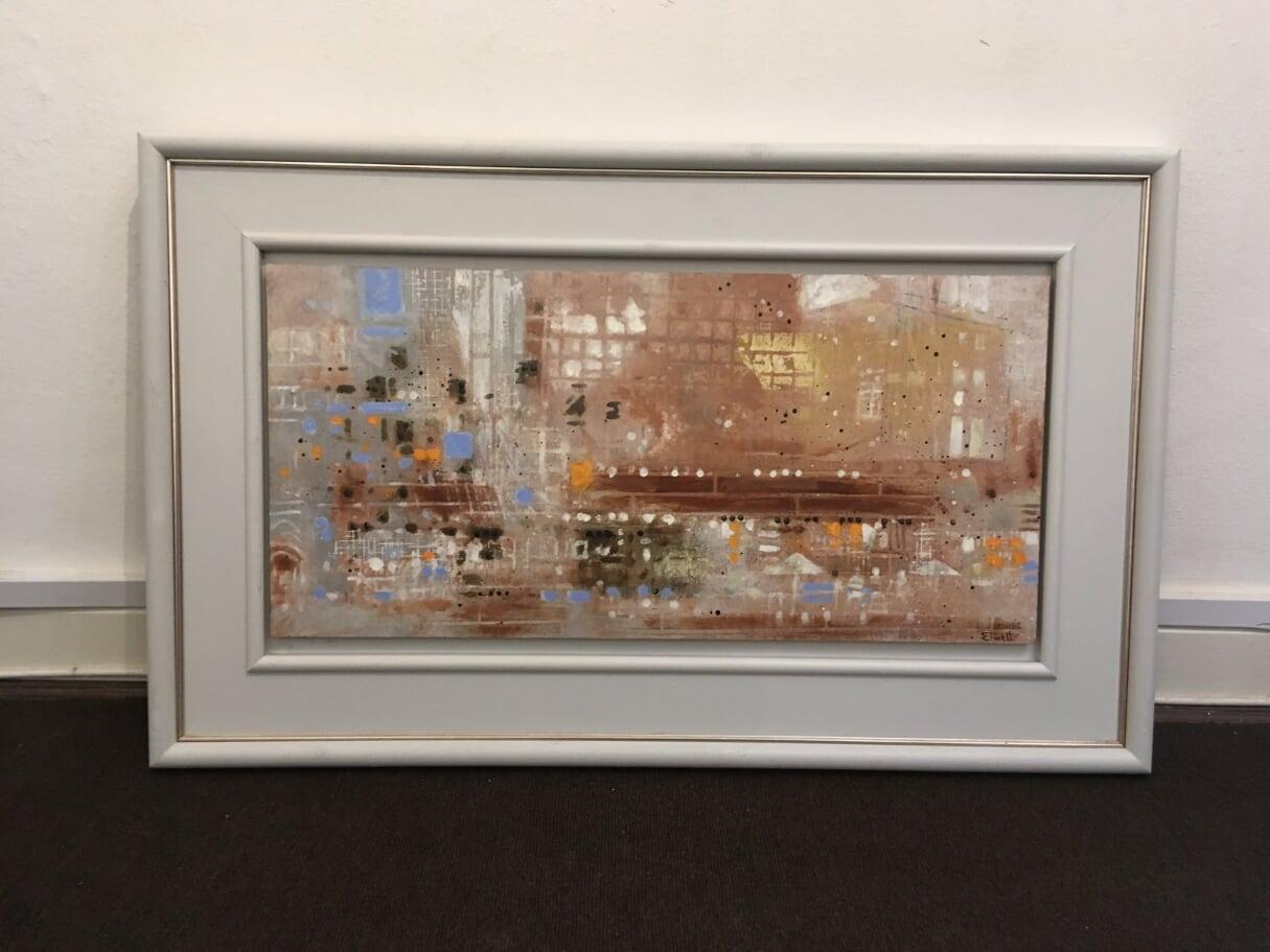 Aix Cafe - contemporary abstract cityscape cafe oil painting board  - Painting by Brian Elwell