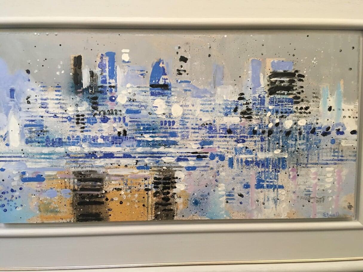 Blue Lights - contemporary London cityscape landscape blue oil painting board - Painting by Brian Elwell