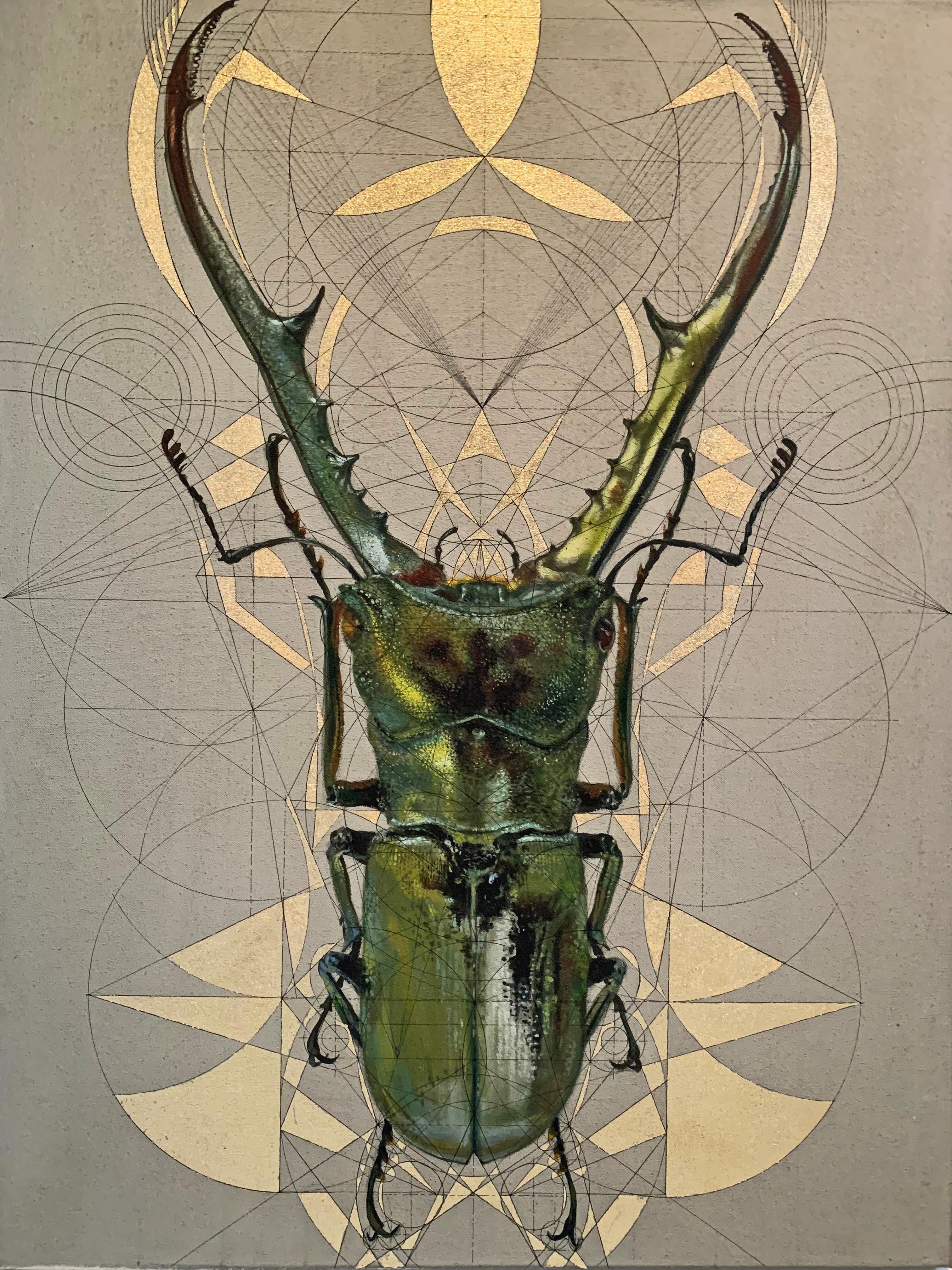 Hor-Aha - contemporary mixed media insect stag beetle gilding acrylic painting - Mixed Media Art by Keng Wai Lee & Marco Araldi