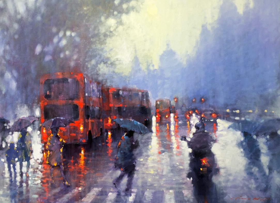 David Hinchliffe Figurative Painting - Crossing - contemporary impressionist London traffic rainy day oil painting