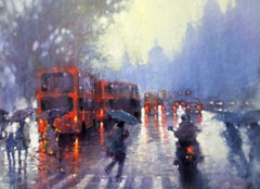 Crossing - contemporary impressionist London traffic rainy day oil painting