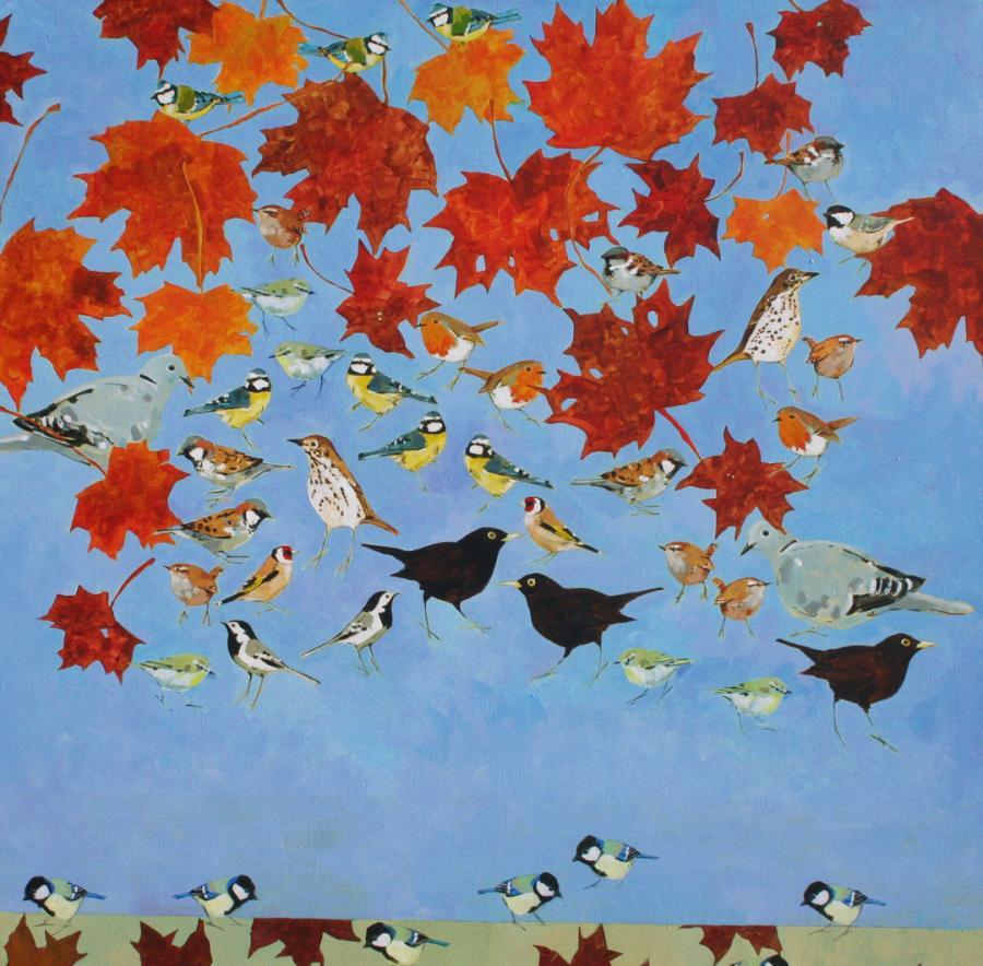 All the Other Birds in the Maple - acrylic painting nature forest leaves birds