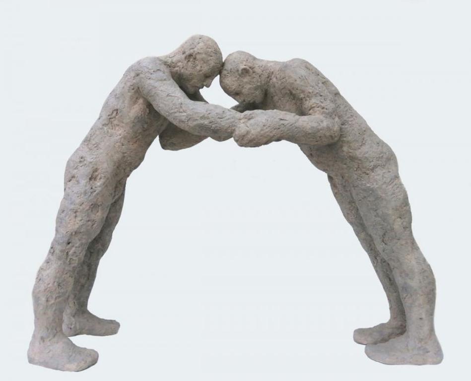 Manny Woodard Figurative Sculpture - The Wrestlers - jesmonite and earth pigment contemporary figurative sculpture