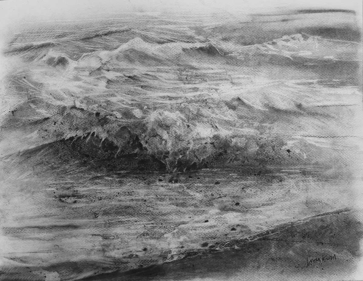 Landscape Art Lorna Holdcroft-Kirin - Wave I - Paysage marin classique / vintage : fusain sur papier