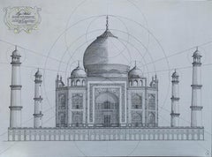 Taj Mahal - contemporary mixed media painting, architecture historic drawing