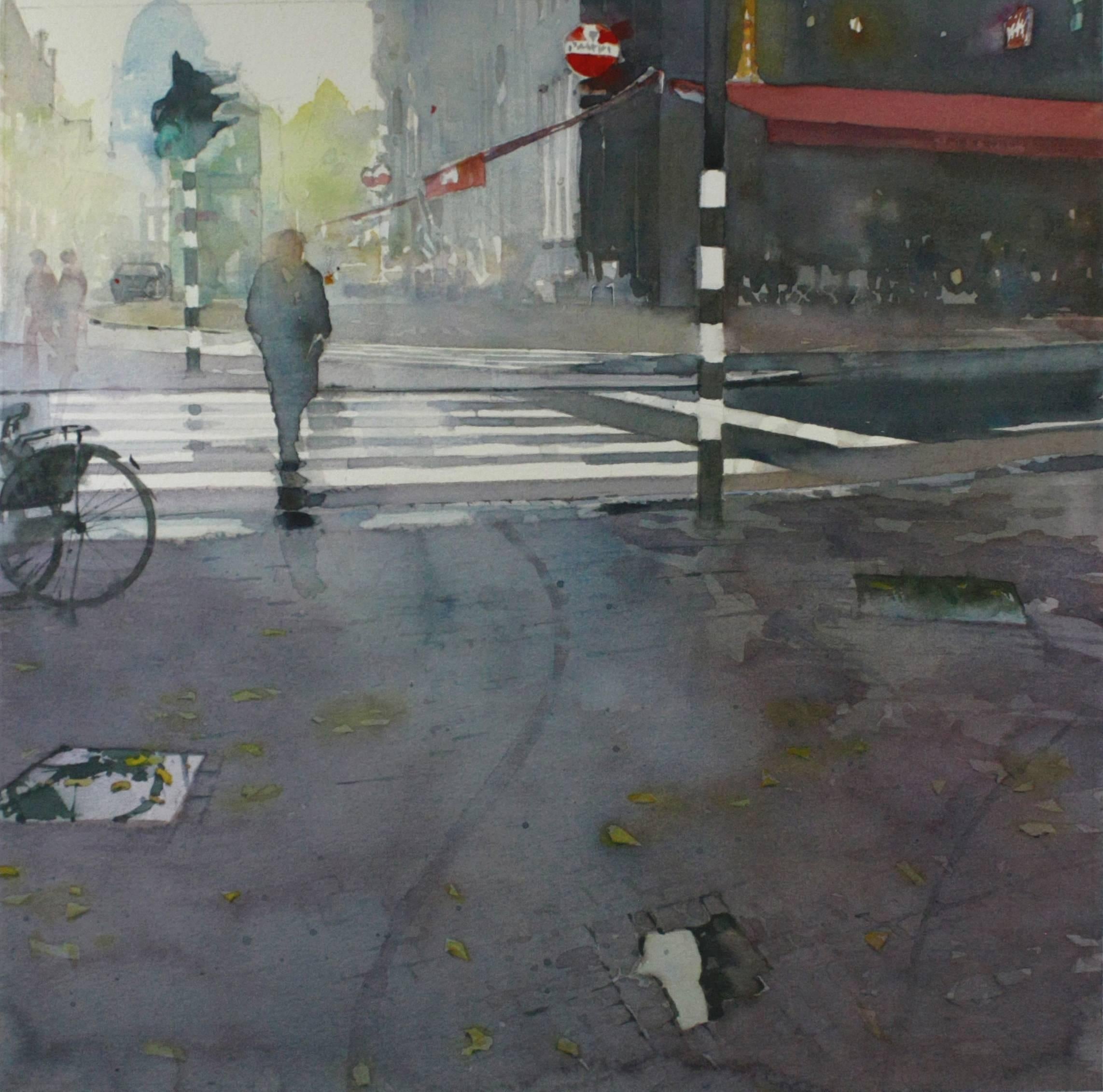 Landscape Art David Walker - Croix d'Amsterdam - paysage urbain architecture ville aquarelle sur papier encadrée