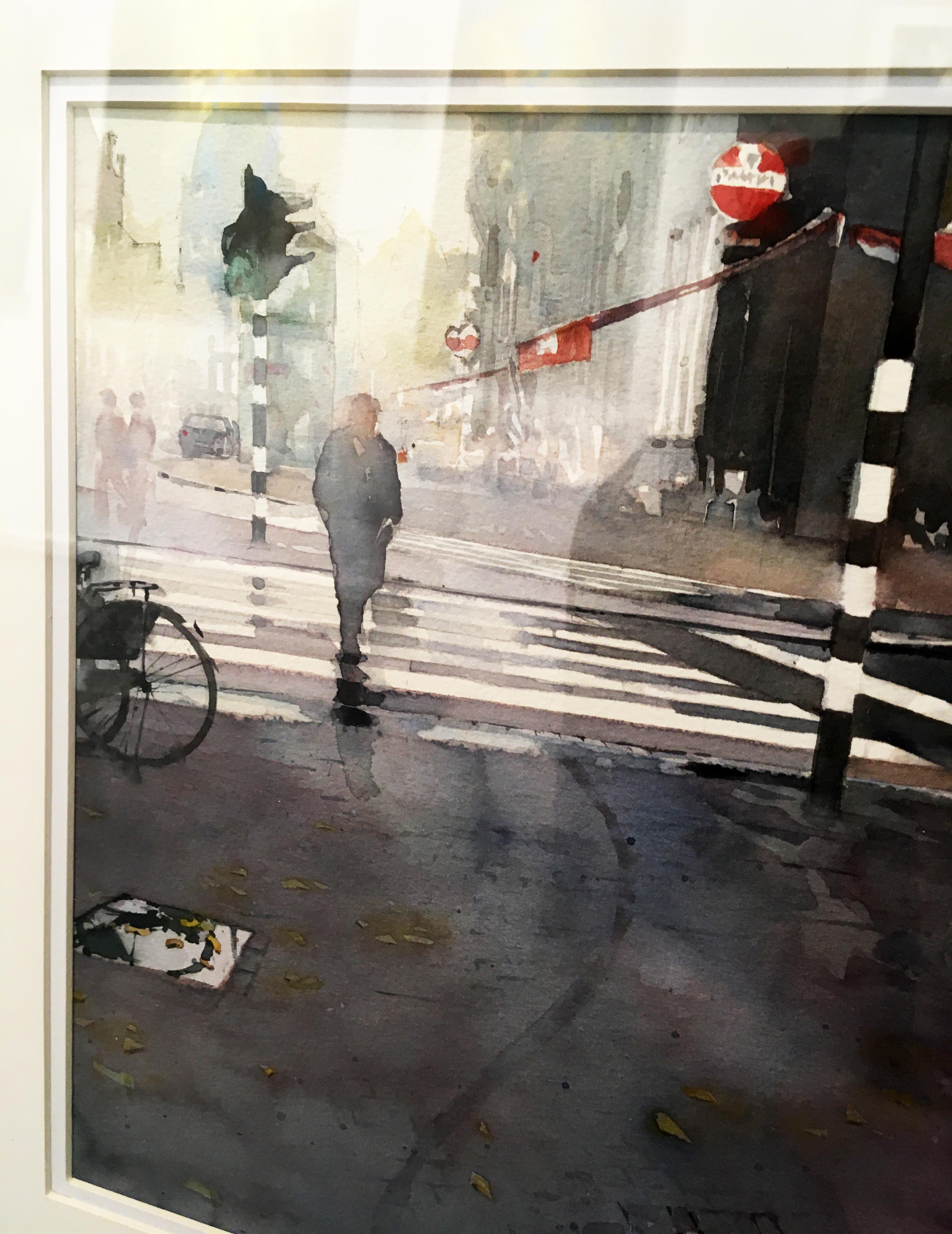 Croix d'Amsterdam - paysage urbain architecture ville aquarelle sur papier encadrée - Art de David Walker