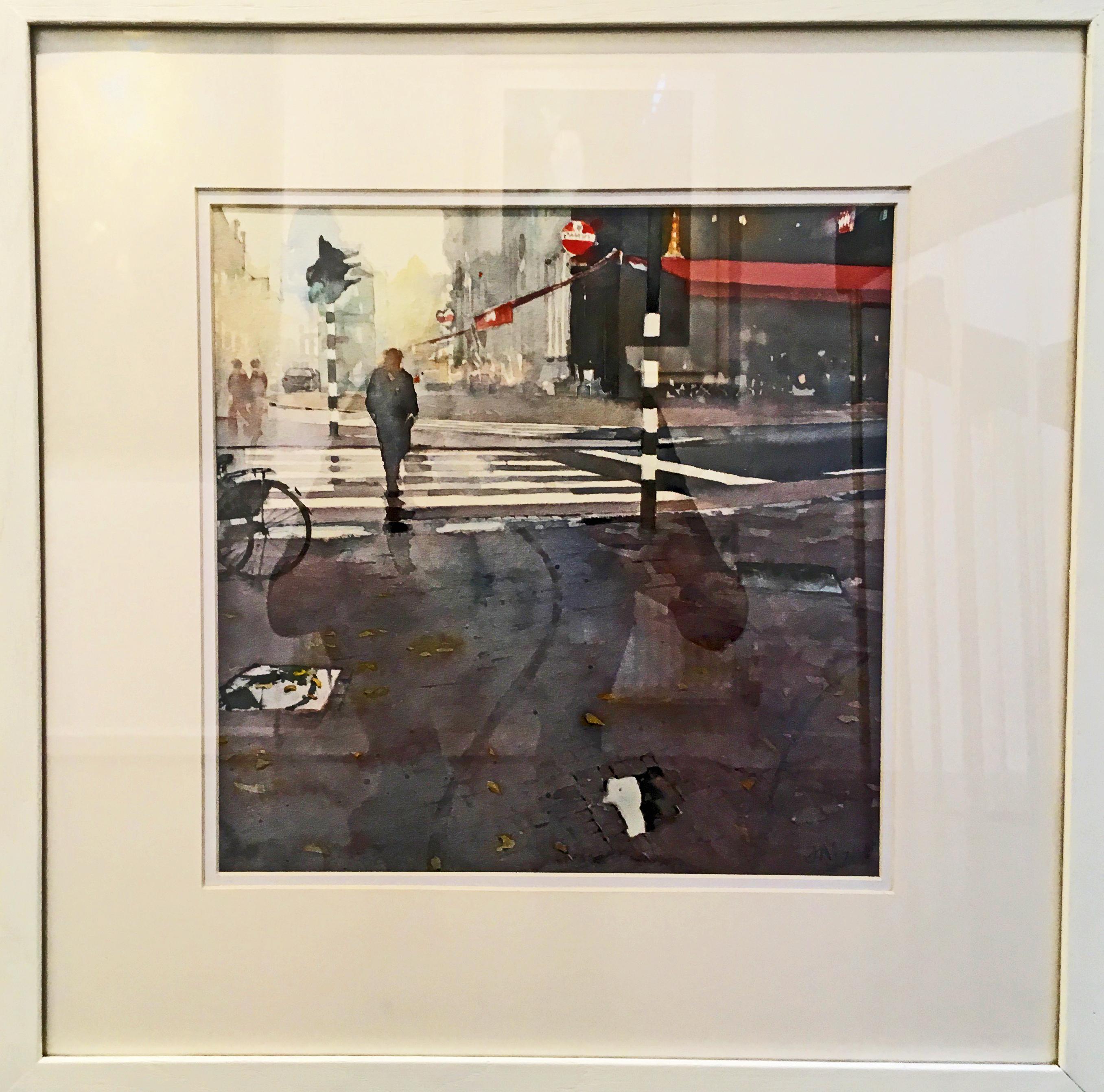 Croix d'Amsterdam - paysage urbain architecture ville aquarelle sur papier encadrée - Contemporain Art par David Walker