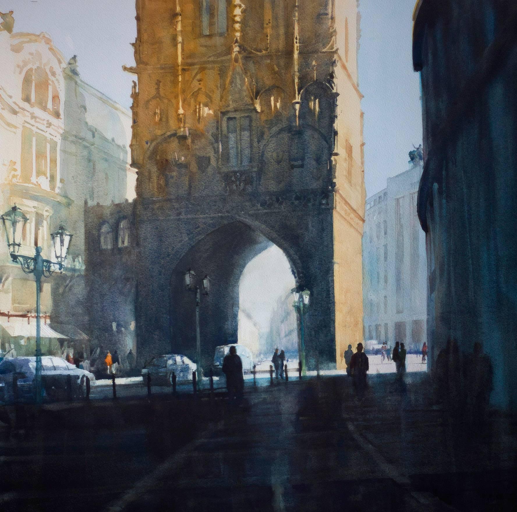 The Powder Tower - aquarelle d'un paysage urbain illustré encadrée - Art de David Walker