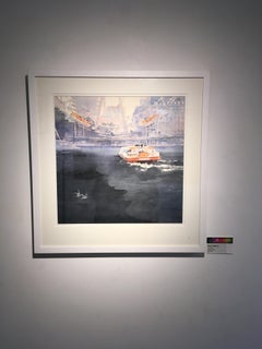 Landing -illustrative cityscape ferry watercolor on paper