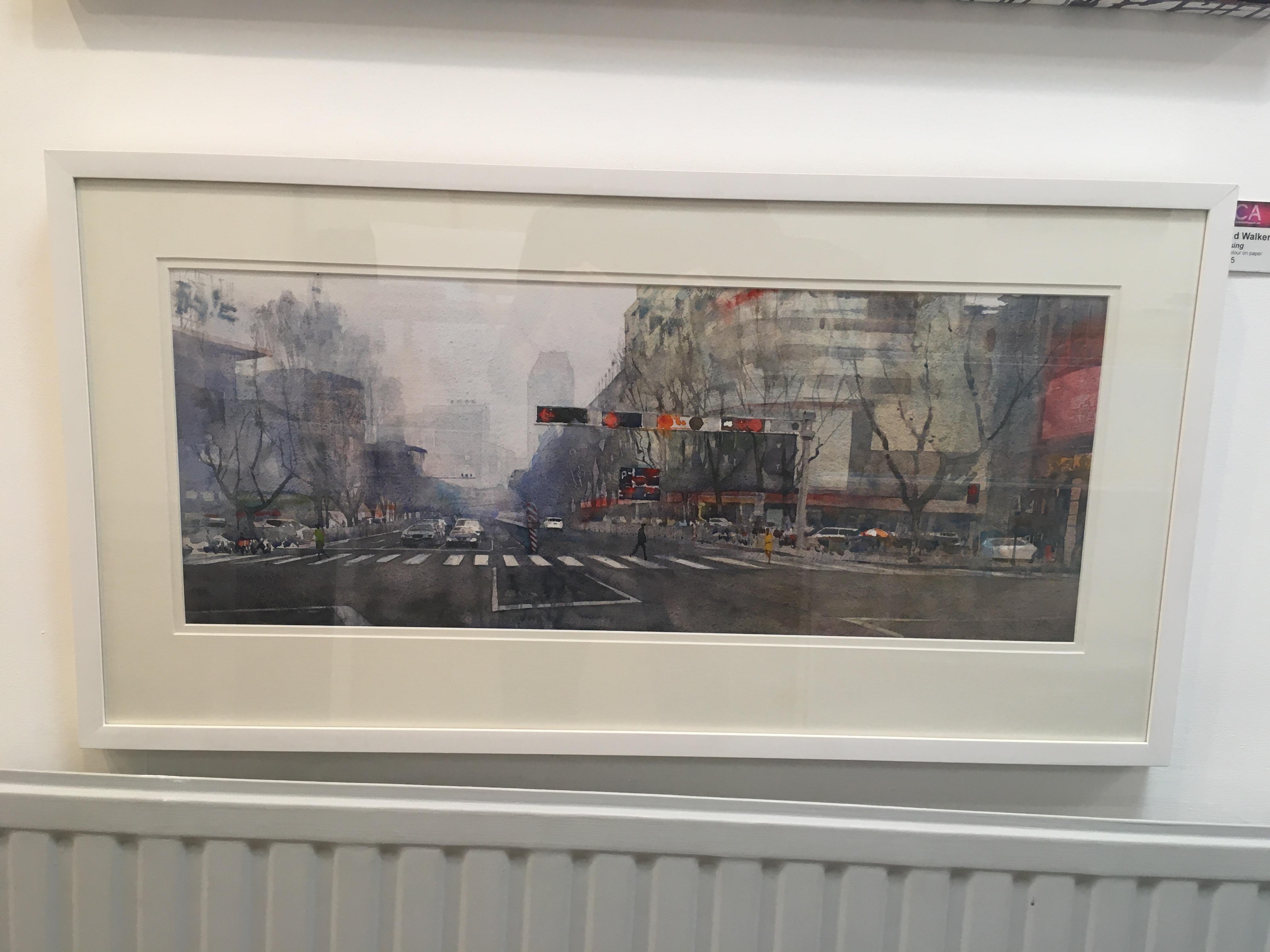 Crossing - contemporary cityscape architecture traffic watercolor paper framed - Art by David Walker
