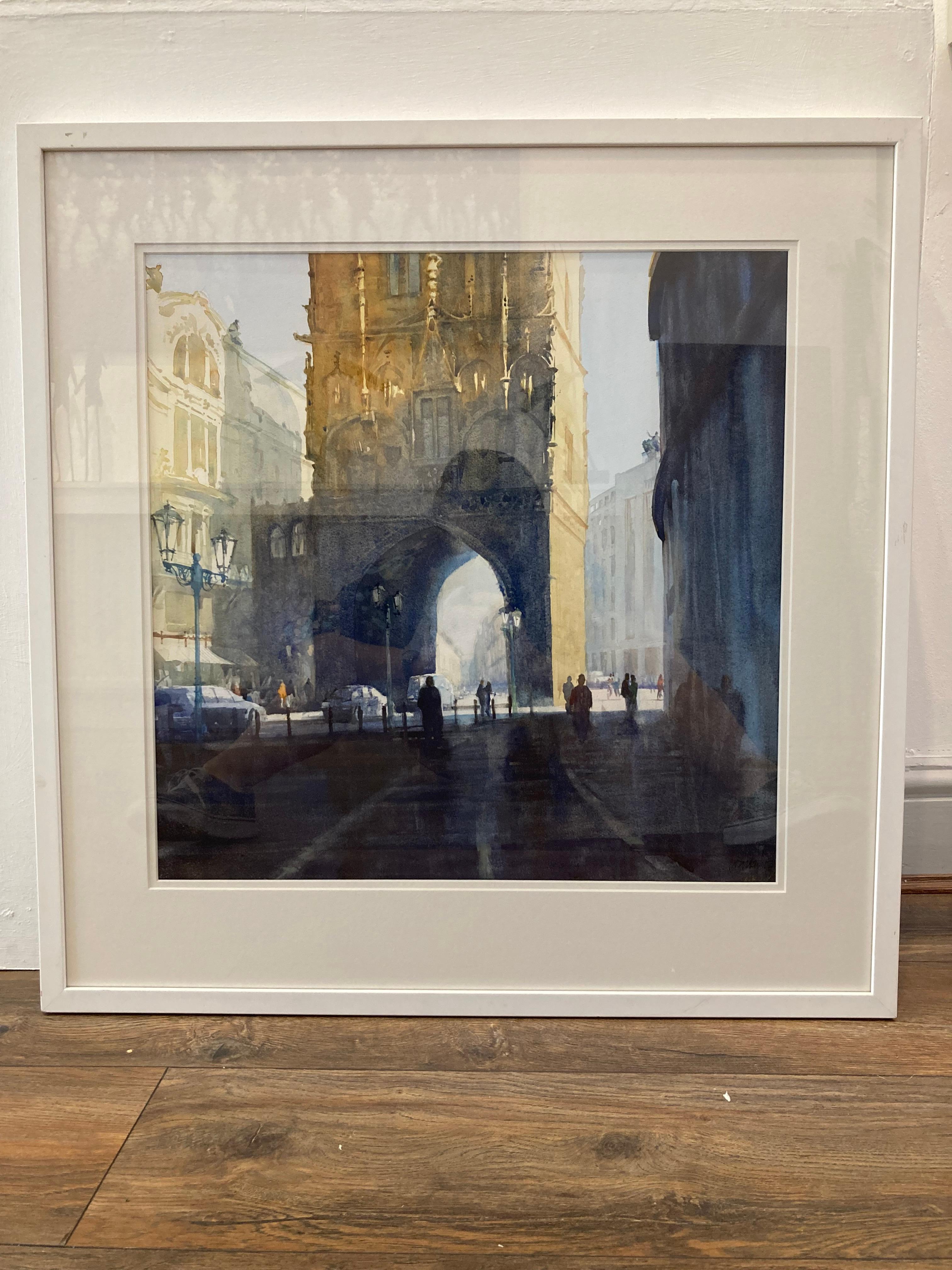 The Powder Tower - illustrative cityscape architecture watercolor paper framed - Art by David Walker