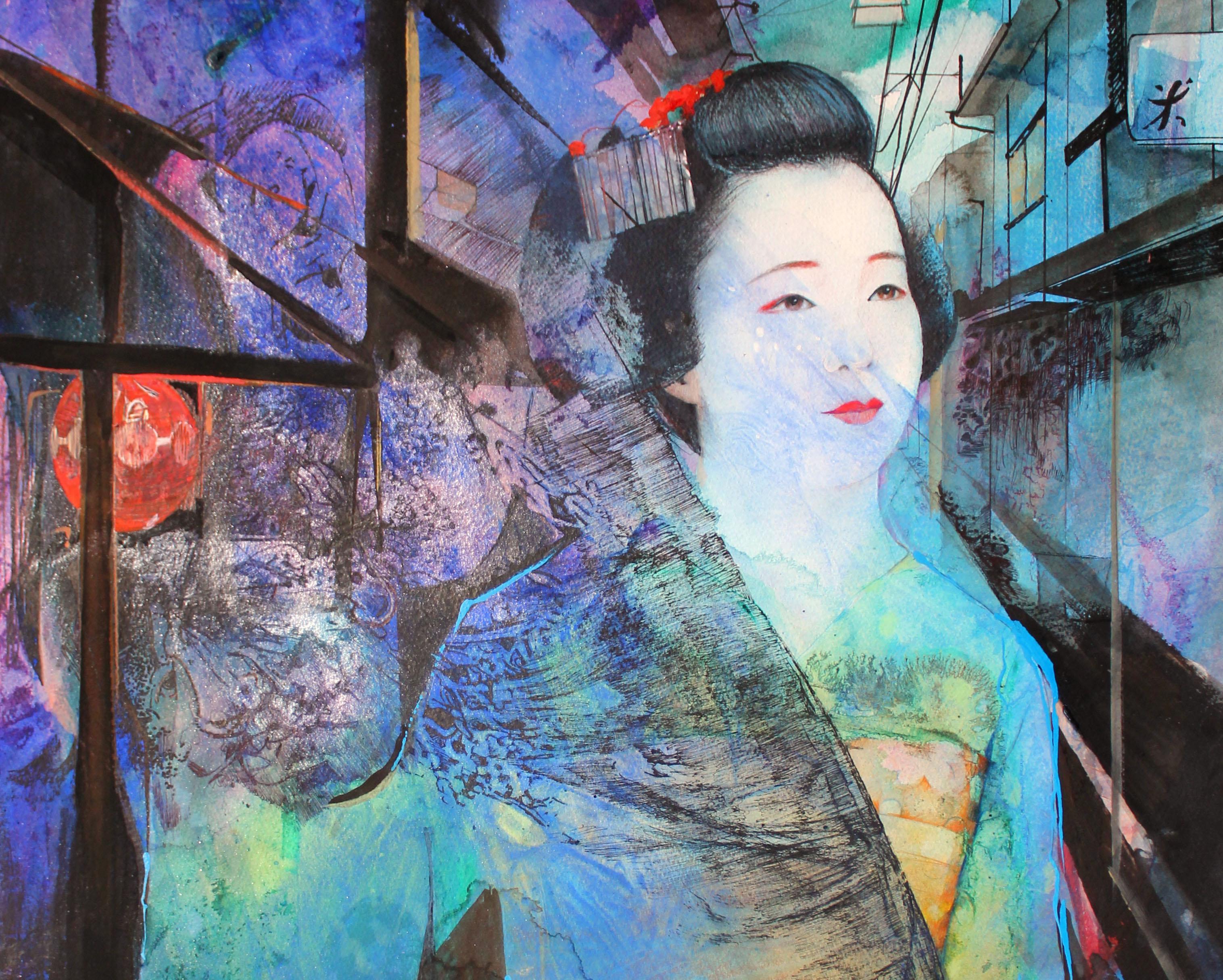 Maiko, Gion Corner -contemporary blue and black portrait ink and watercolor - Art by Stephan and Lorna Kirin