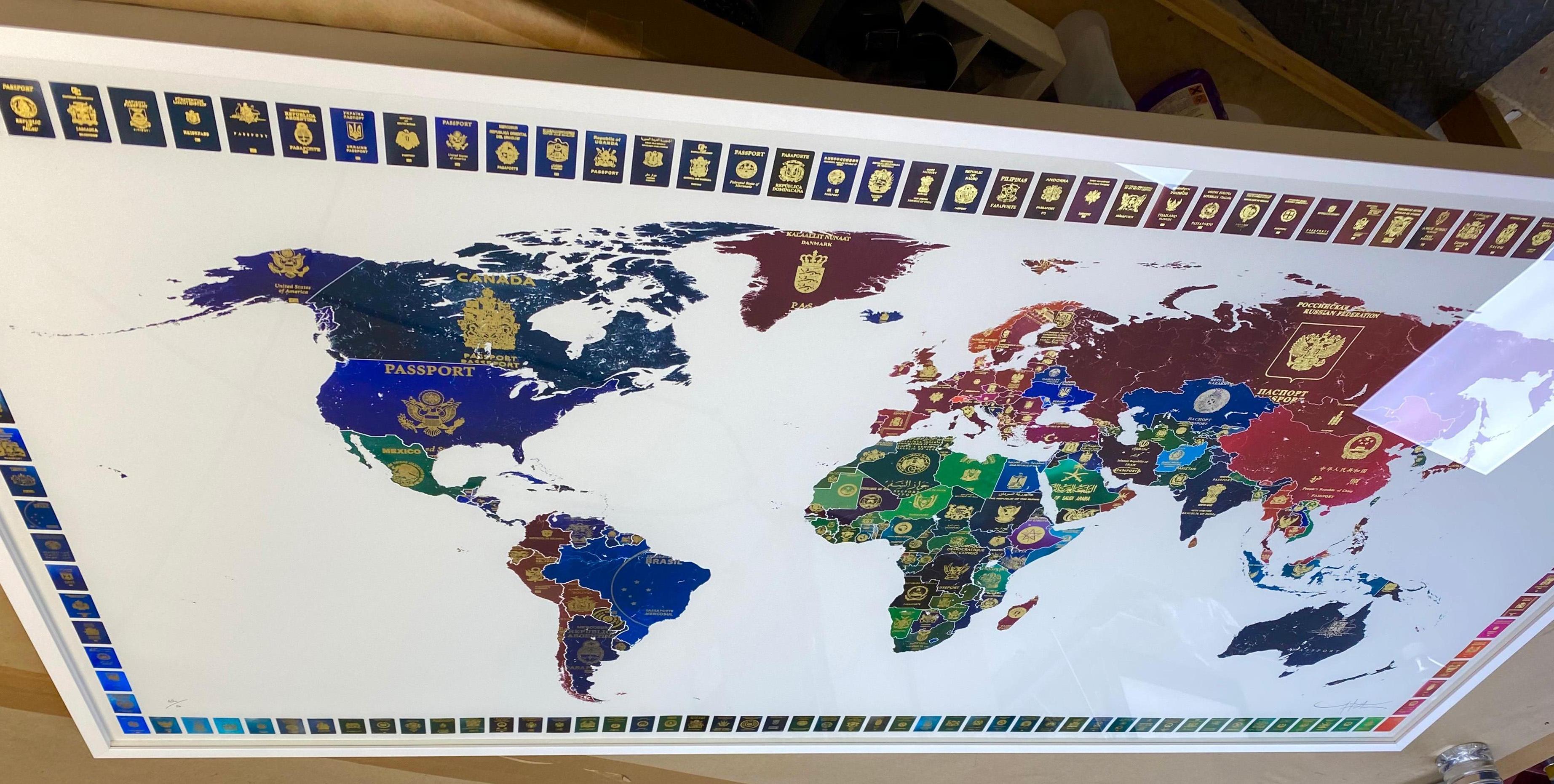 World Passport Map  - contemporary multi passport world with gold digital print 3