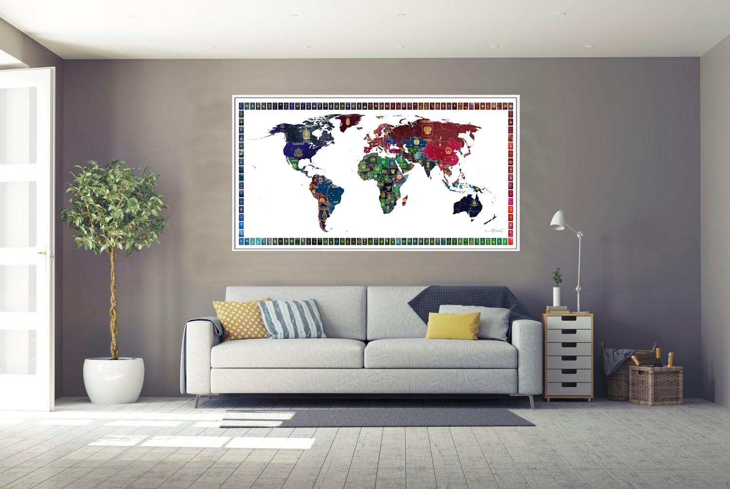World Passport Map  - contemporary multi passport world with gold digital print 4