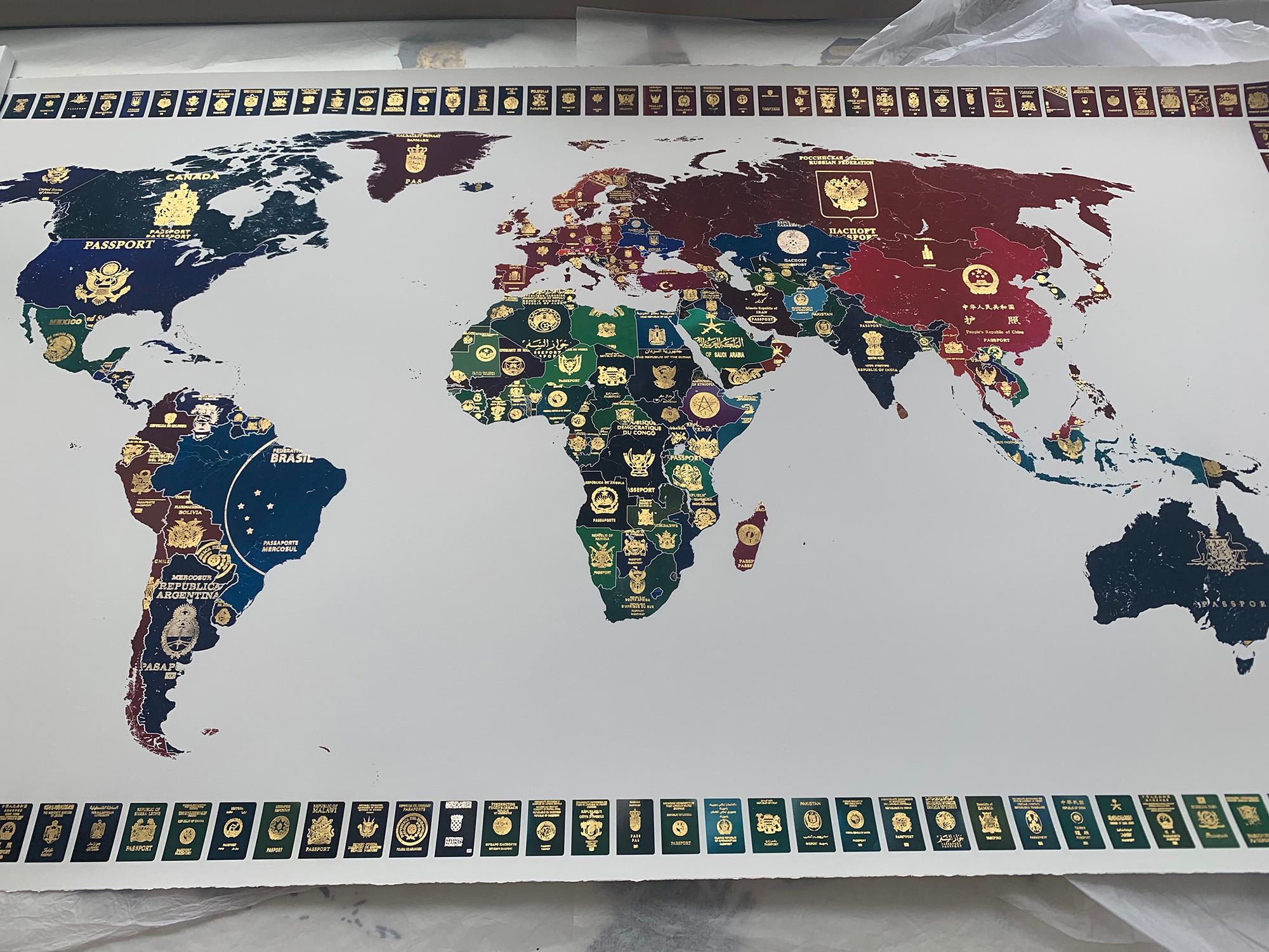 World Passport Map  - contemporary multi passport world with gold digital print 2
