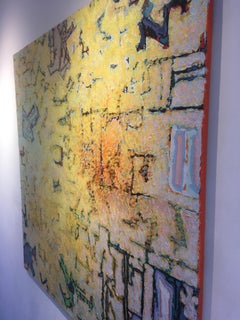 Traces -contemporary abstract textured bright yellow mixed media painting canvas