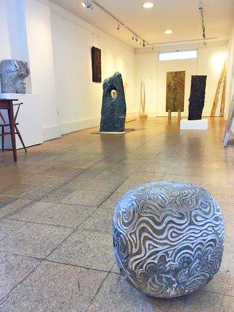 Bruce Kirby Ooilith sculpture, etched sphere of Portland Stone