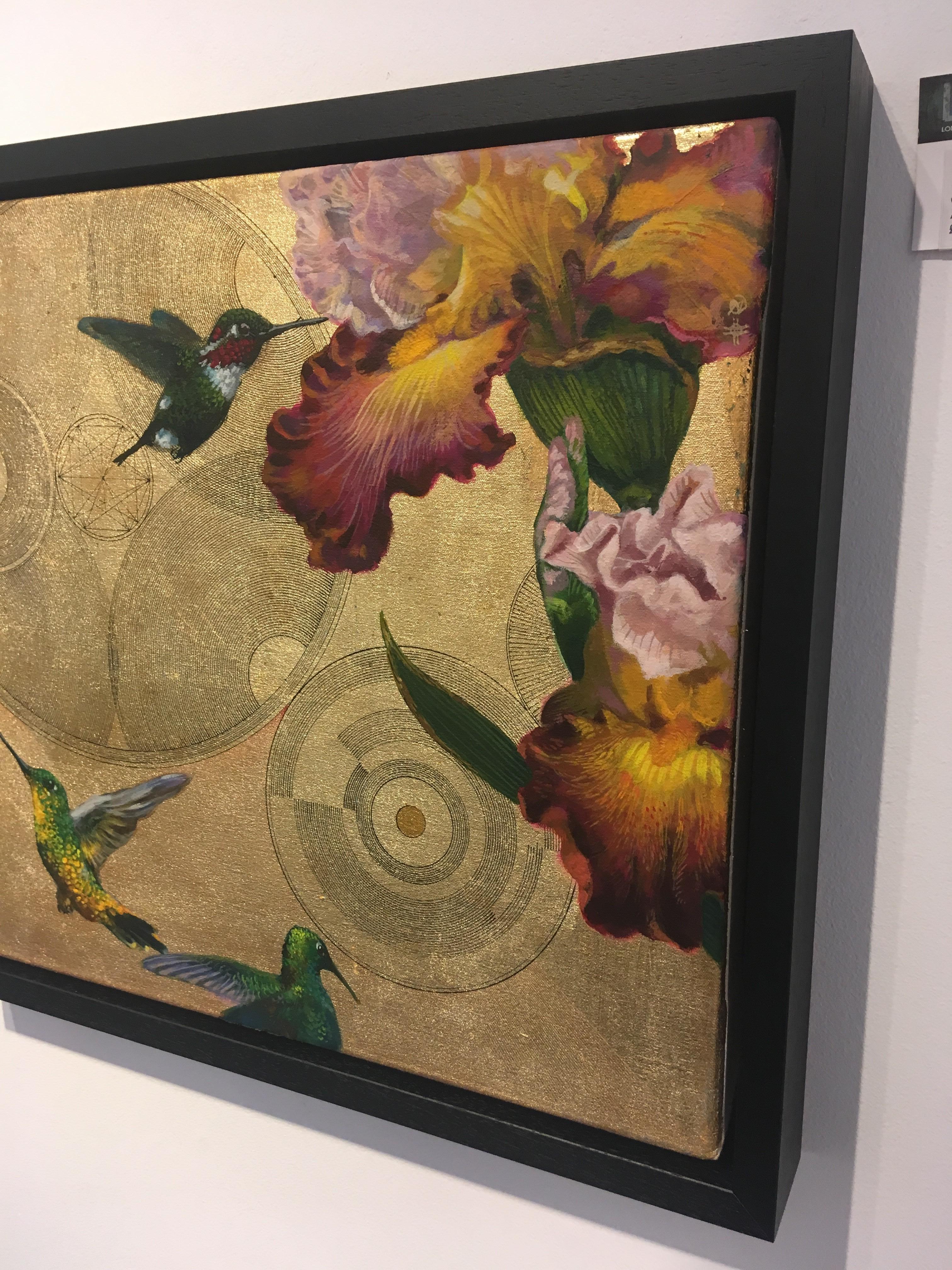 Oro 23 - collaborative work, decorative mixed media with gold, birds and flowers - Gold Animal Painting by Keng Wai Lee & Marco Araldi