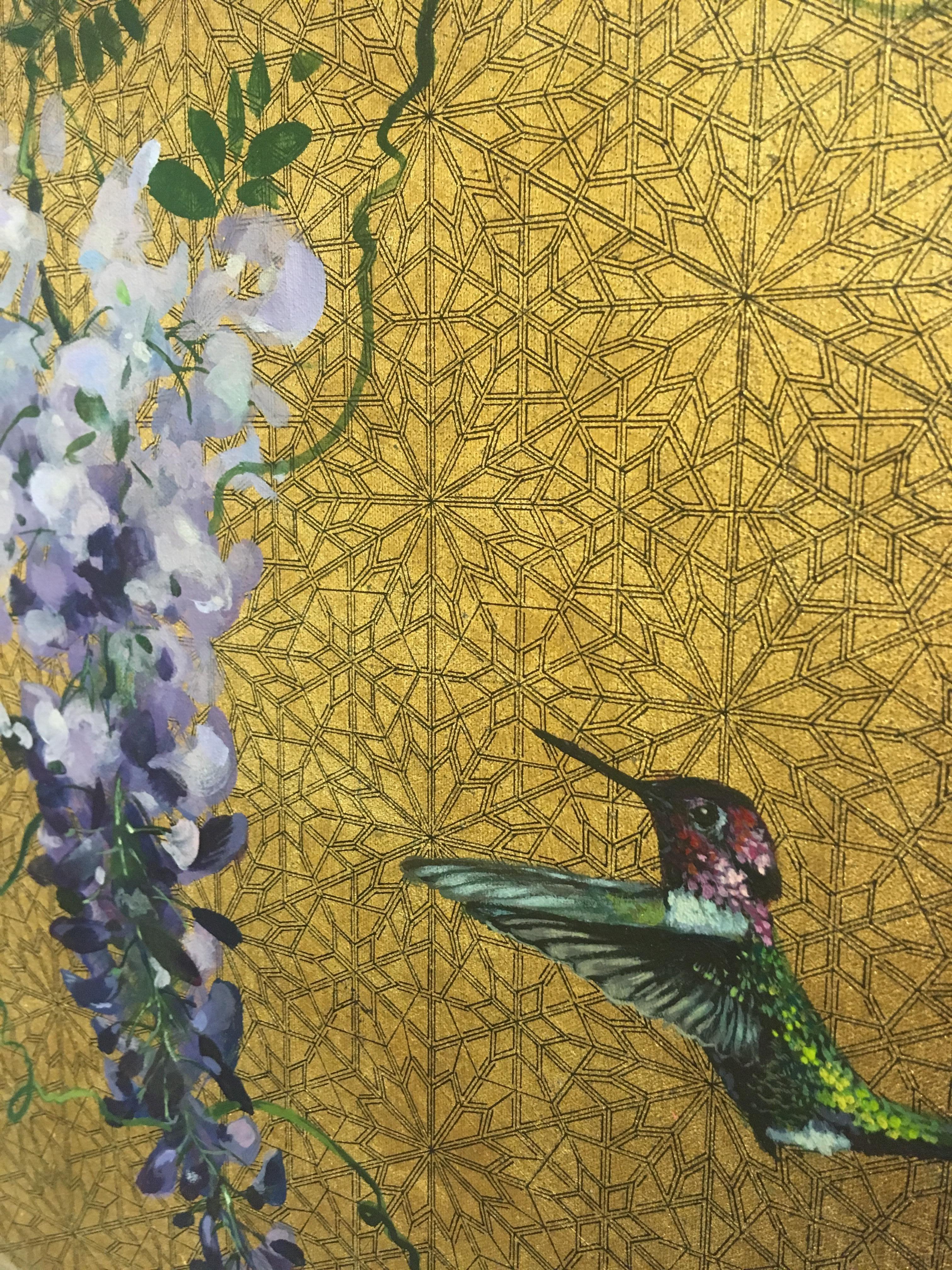 Oro 25 - collaborative work, decorative mixed media with gold, birds and flowers - Painting by Keng Wai Lee & Marco Araldi