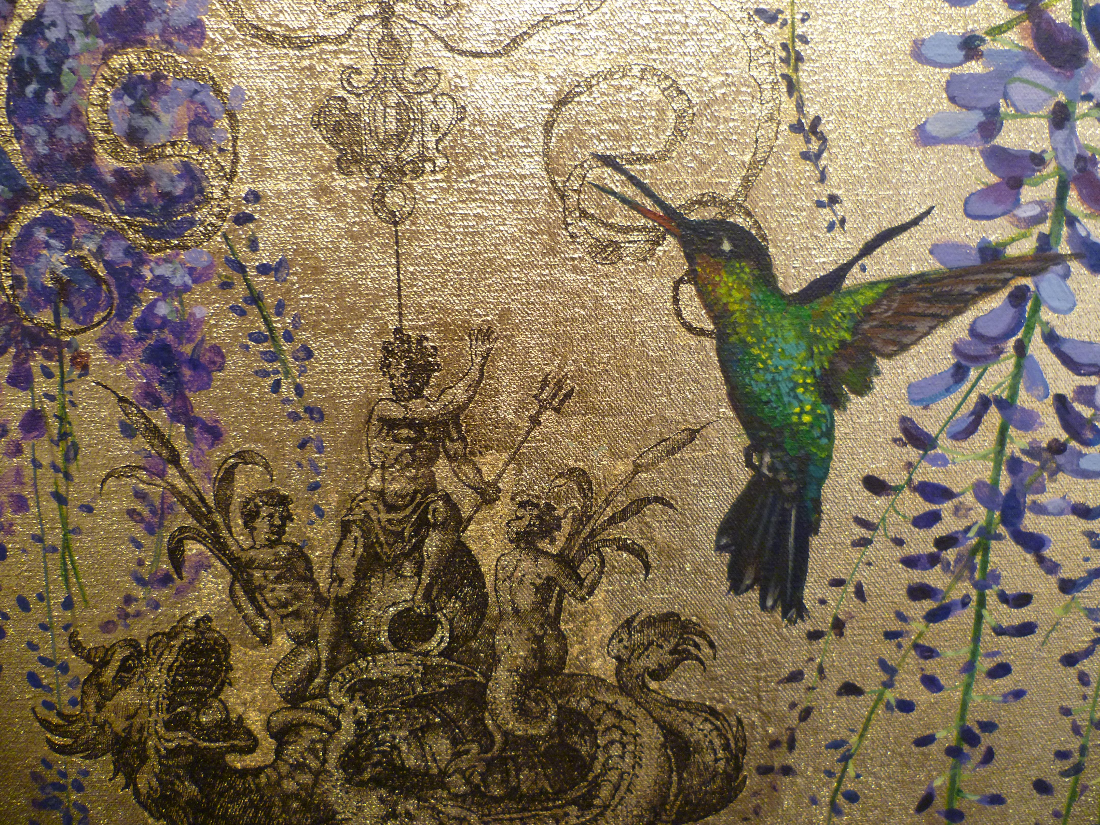 Oro 29 - collaborative work, decorative mixed media with gold, birds and flowers - Contemporary Mixed Media Art by Keng Wai Lee & Marco Araldi