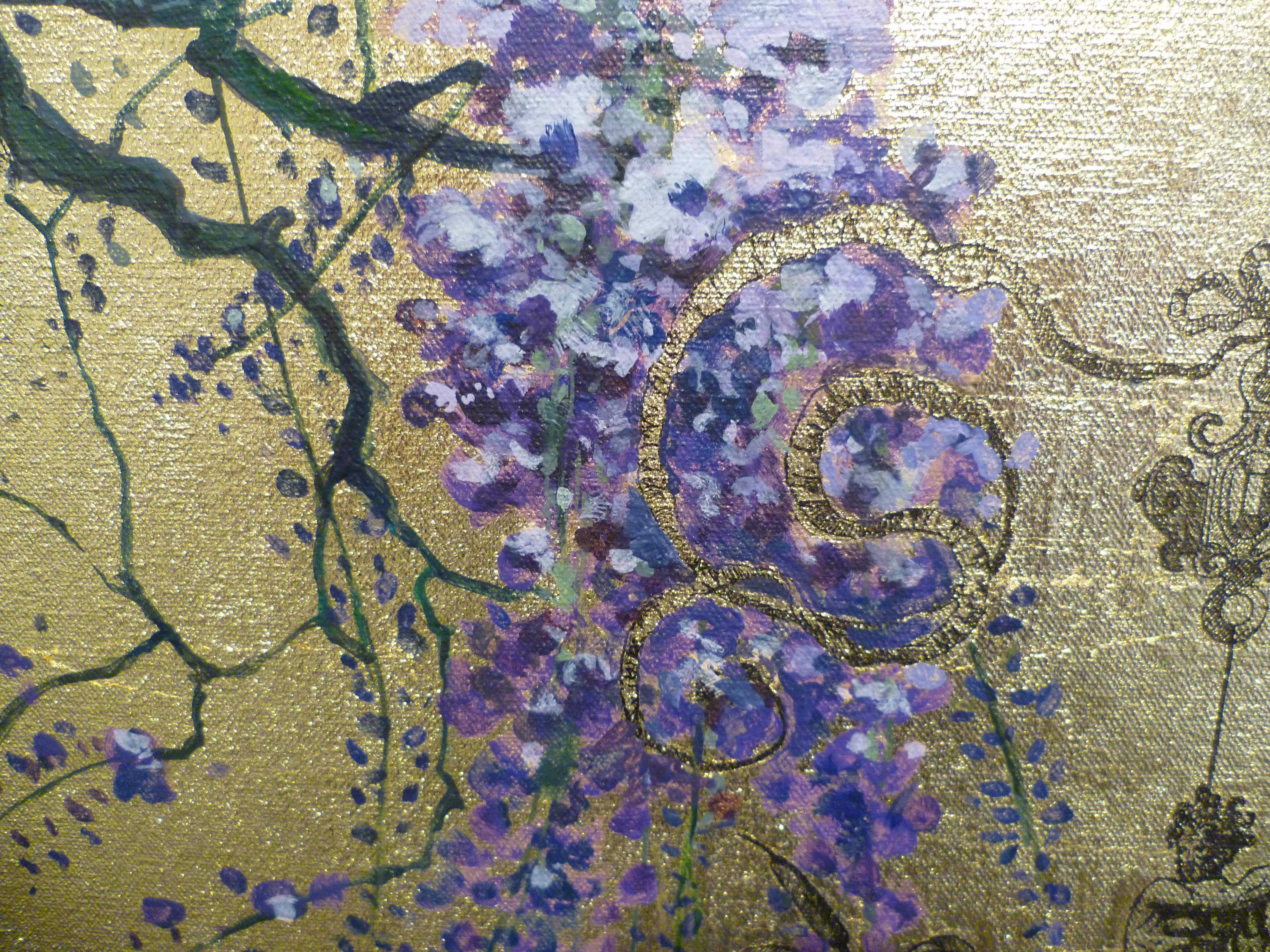 Oro 29 - collaborative work, decorative mixed media with gold, birds and flowers 1