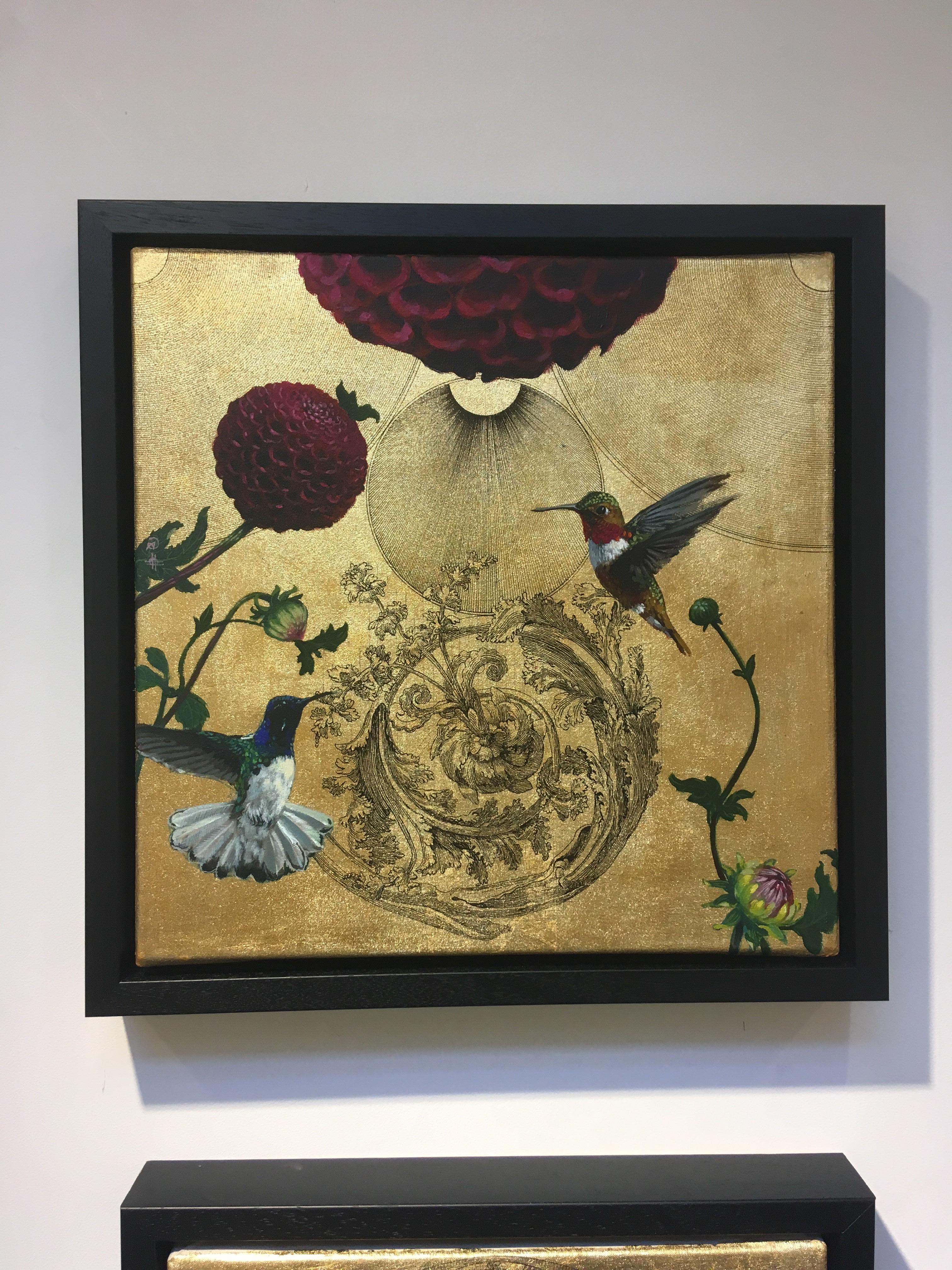 Oro 27 - collaborative work, decorative mixed media with gold, birds and flowers 1