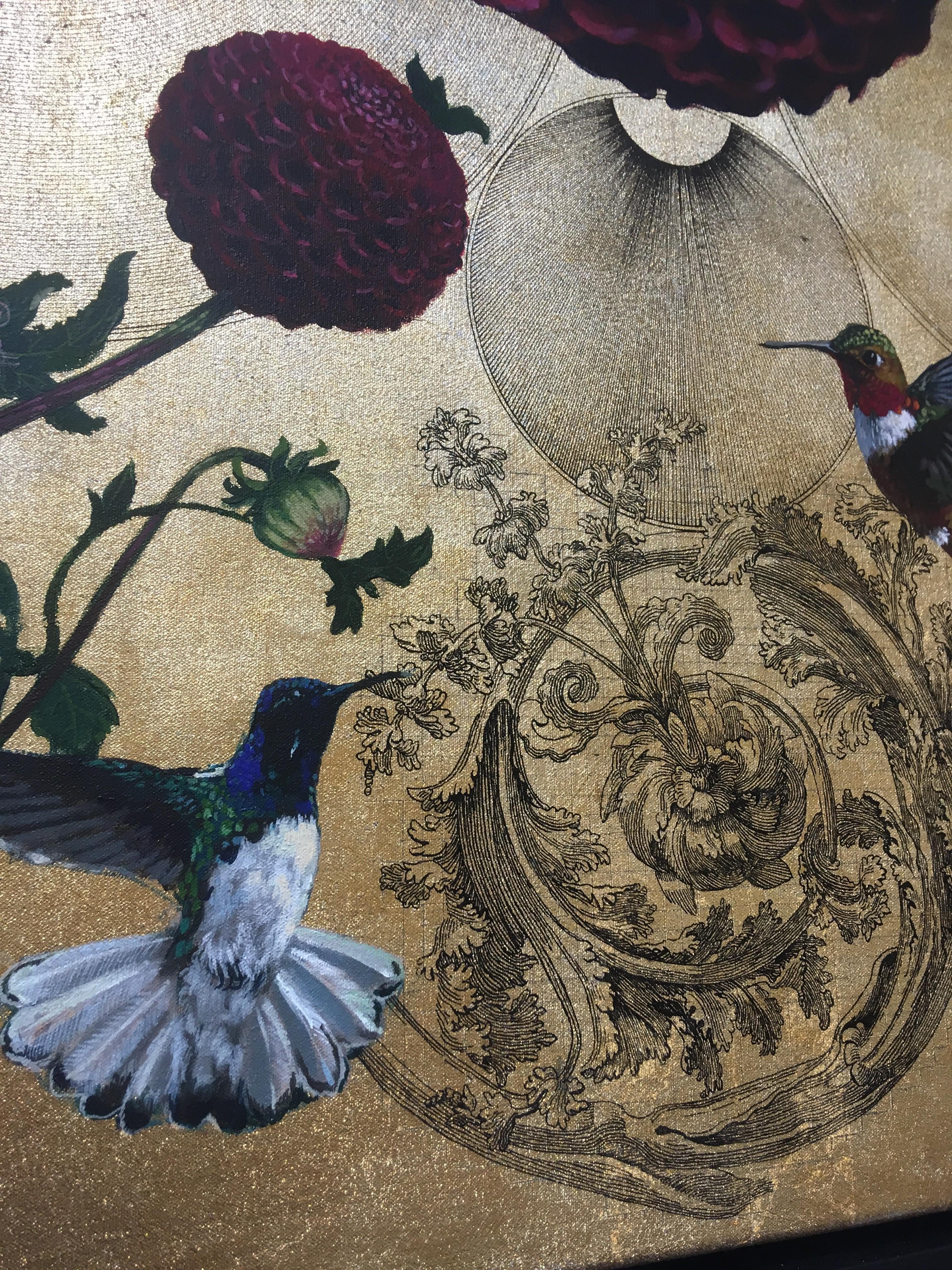 Oro 27 - collaborative work, decorative mixed media with gold, birds and flowers - Contemporary Mixed Media Art by Keng Wai Lee & Marco Araldi