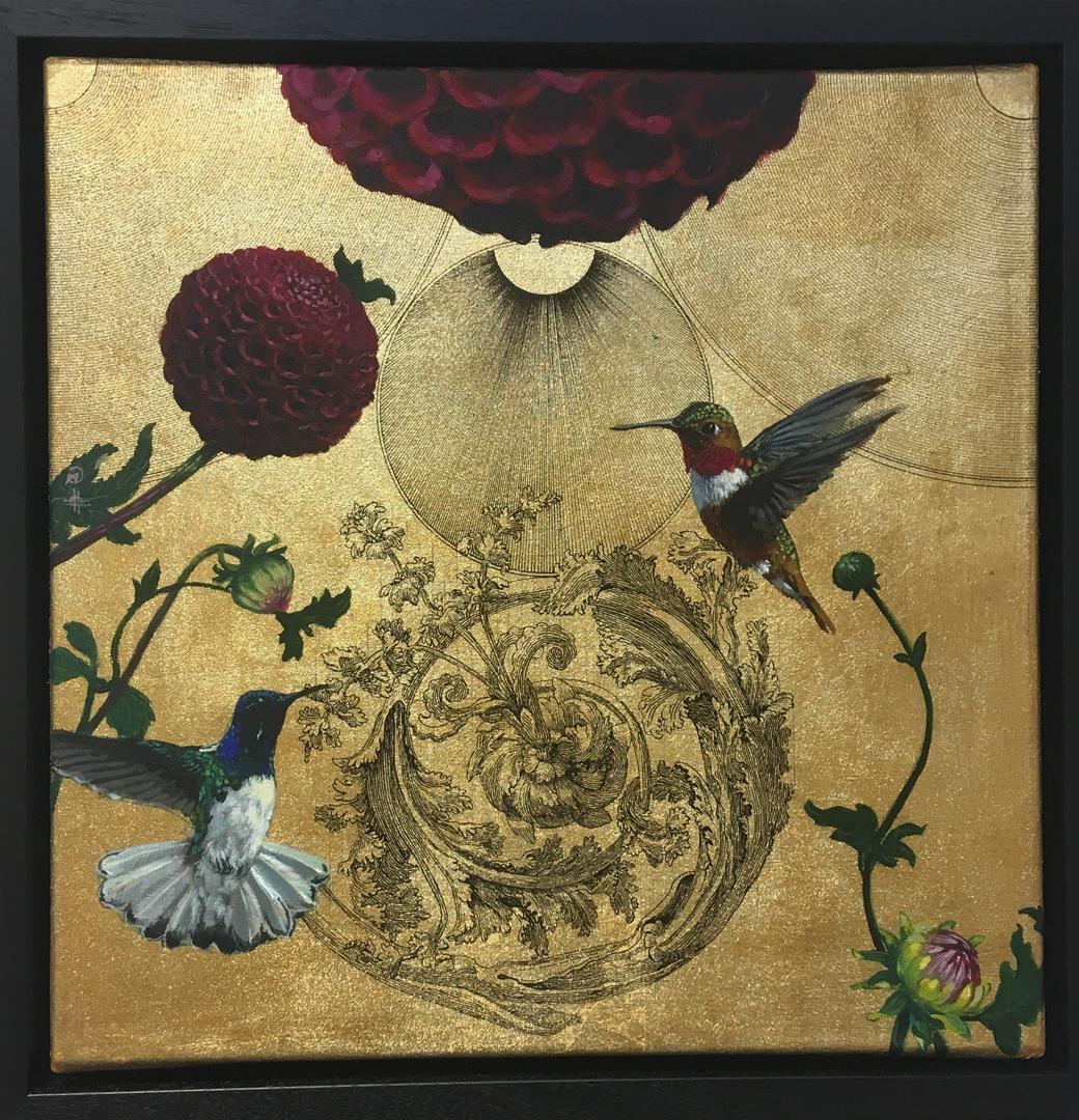 Oro 27 - collaborative work, decorative mixed media with gold, birds and flowers 2