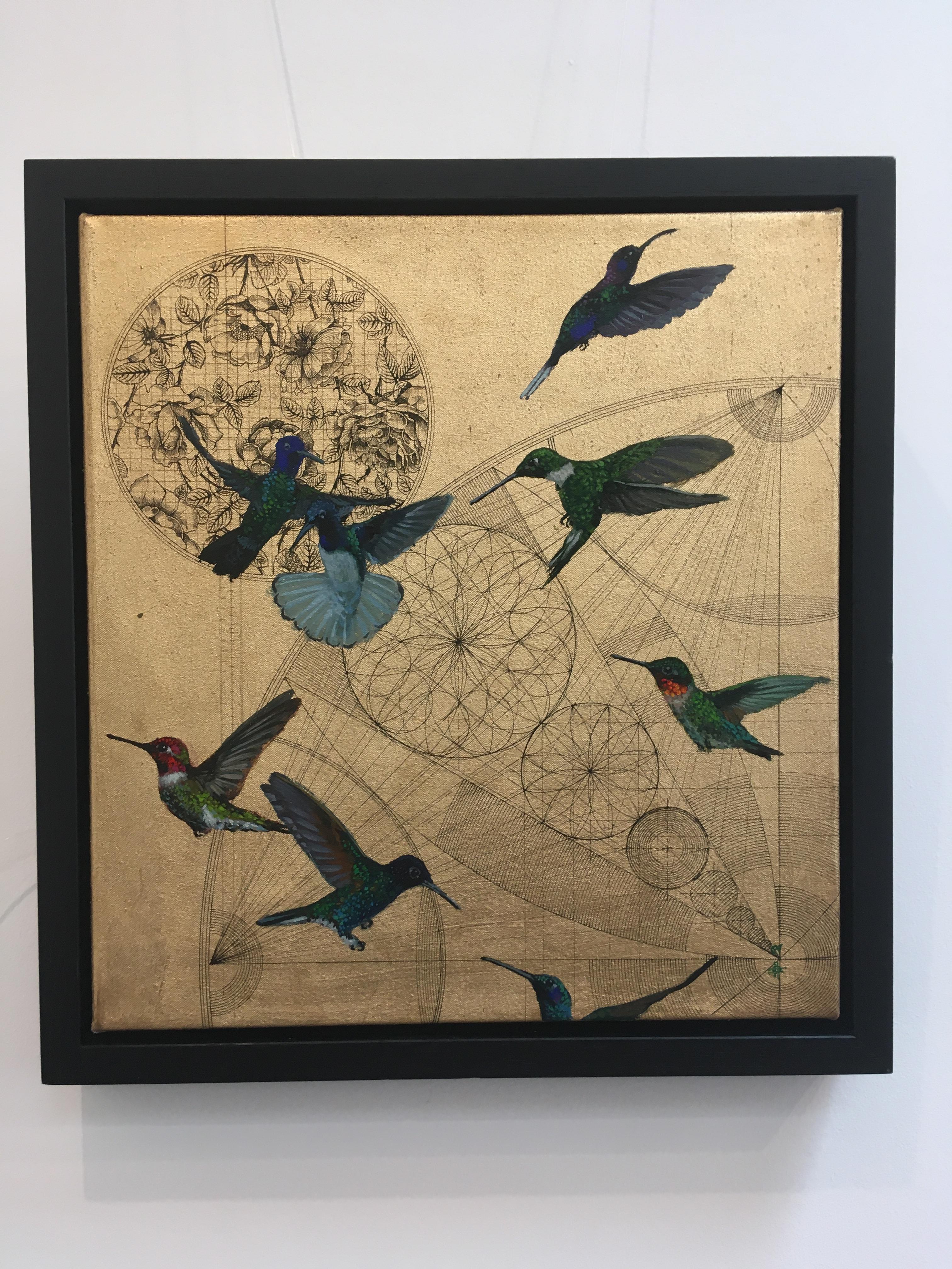 Oro 37 - collaborative work decorative mixed media with gold birds and flowers - Painting by Keng Wai Lee & Marco Araldi