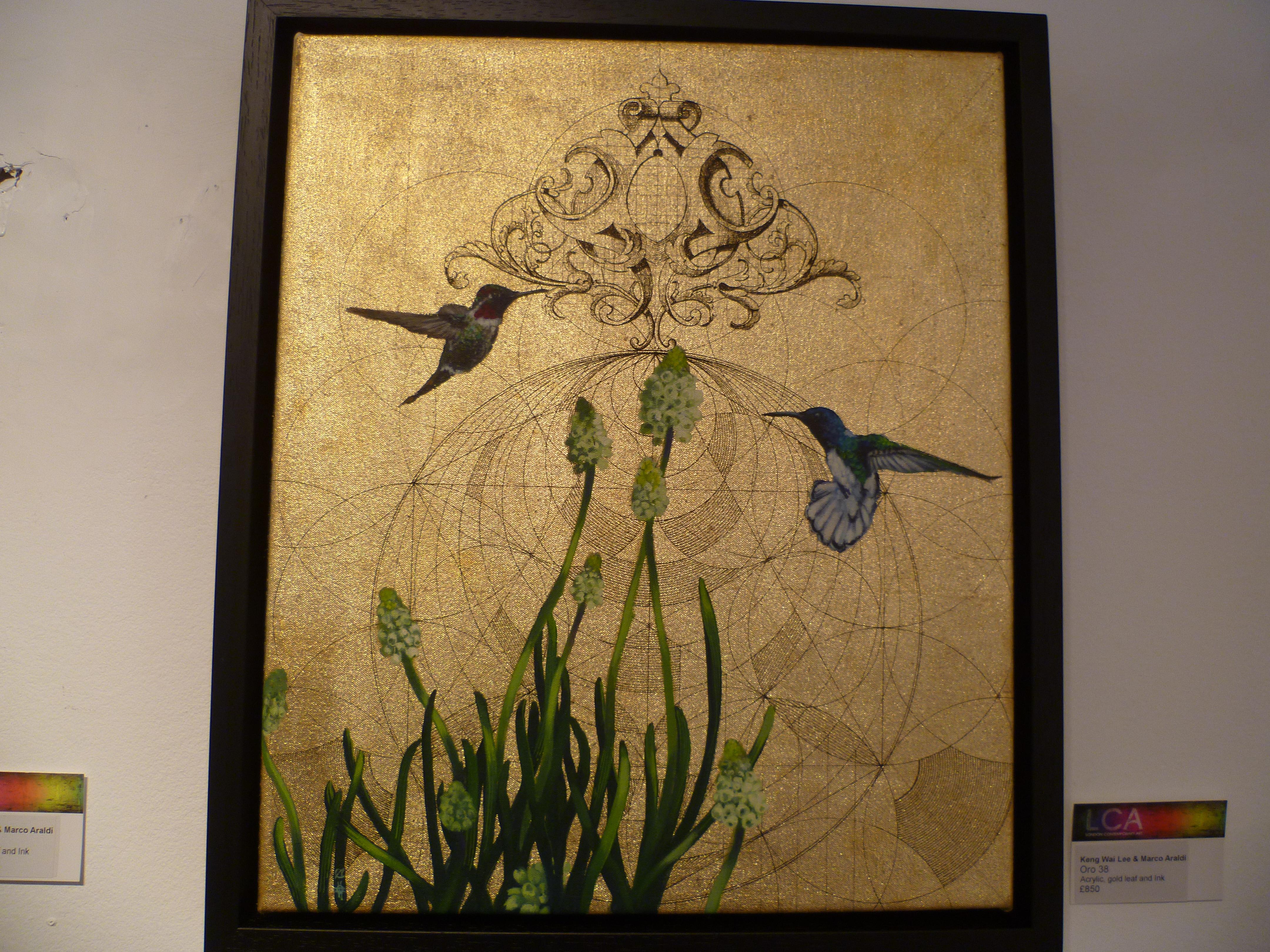 Oro 38 - collaborative work, decorative mixed media with gold, birds and flowers - Painting by Keng Wai Lee & Marco Araldi