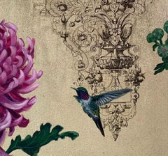 Oro 40 - collaborative work, decorative mixed media with gold, birds and flowers