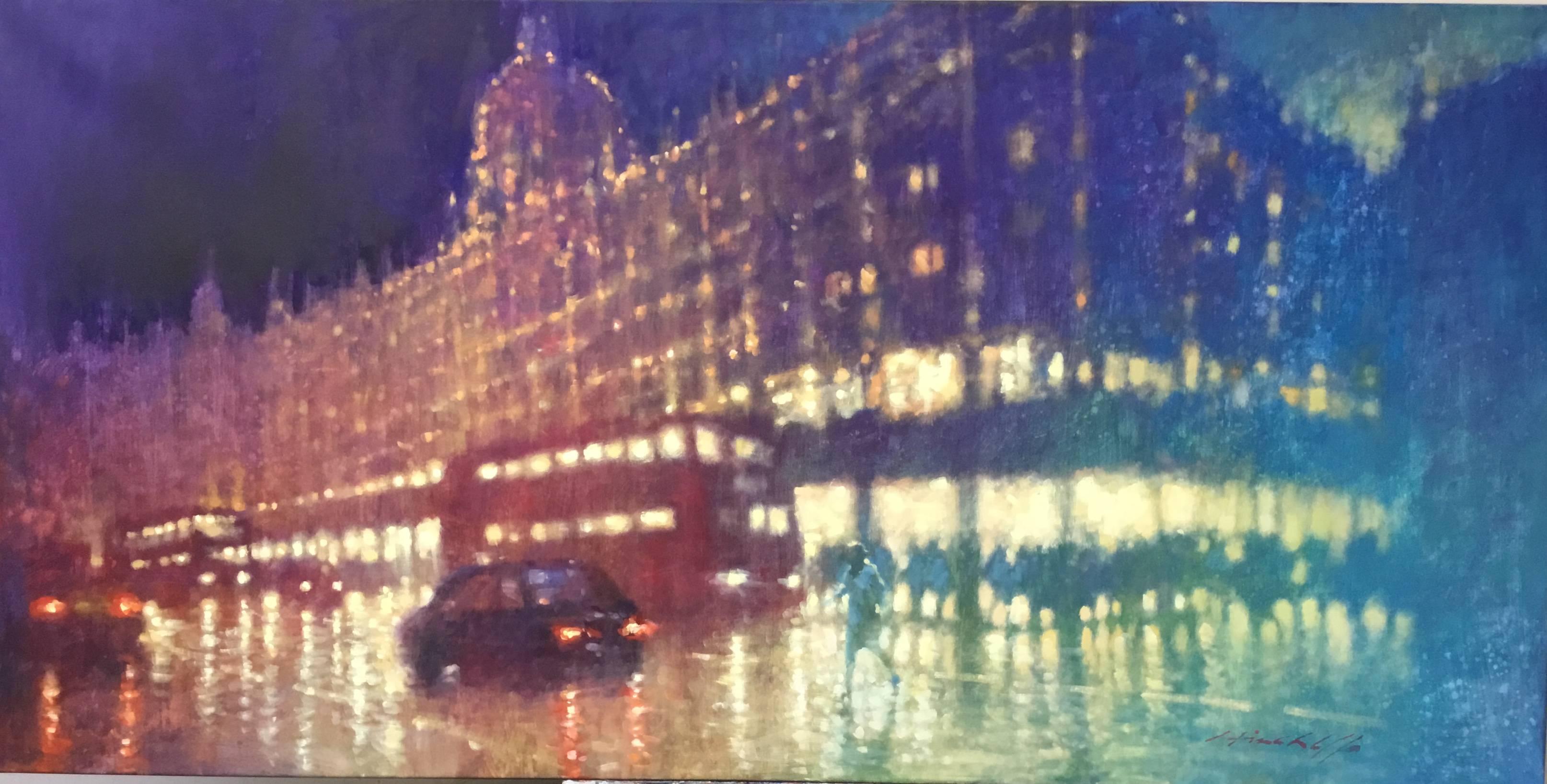 David Hinchliffe Still-Life Painting - Knightsbridge Reflections -impressionist blue London cityscape oil on canvas
