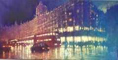 Knightsbridge Reflections -impressionist blue London cityscape oil on canvas