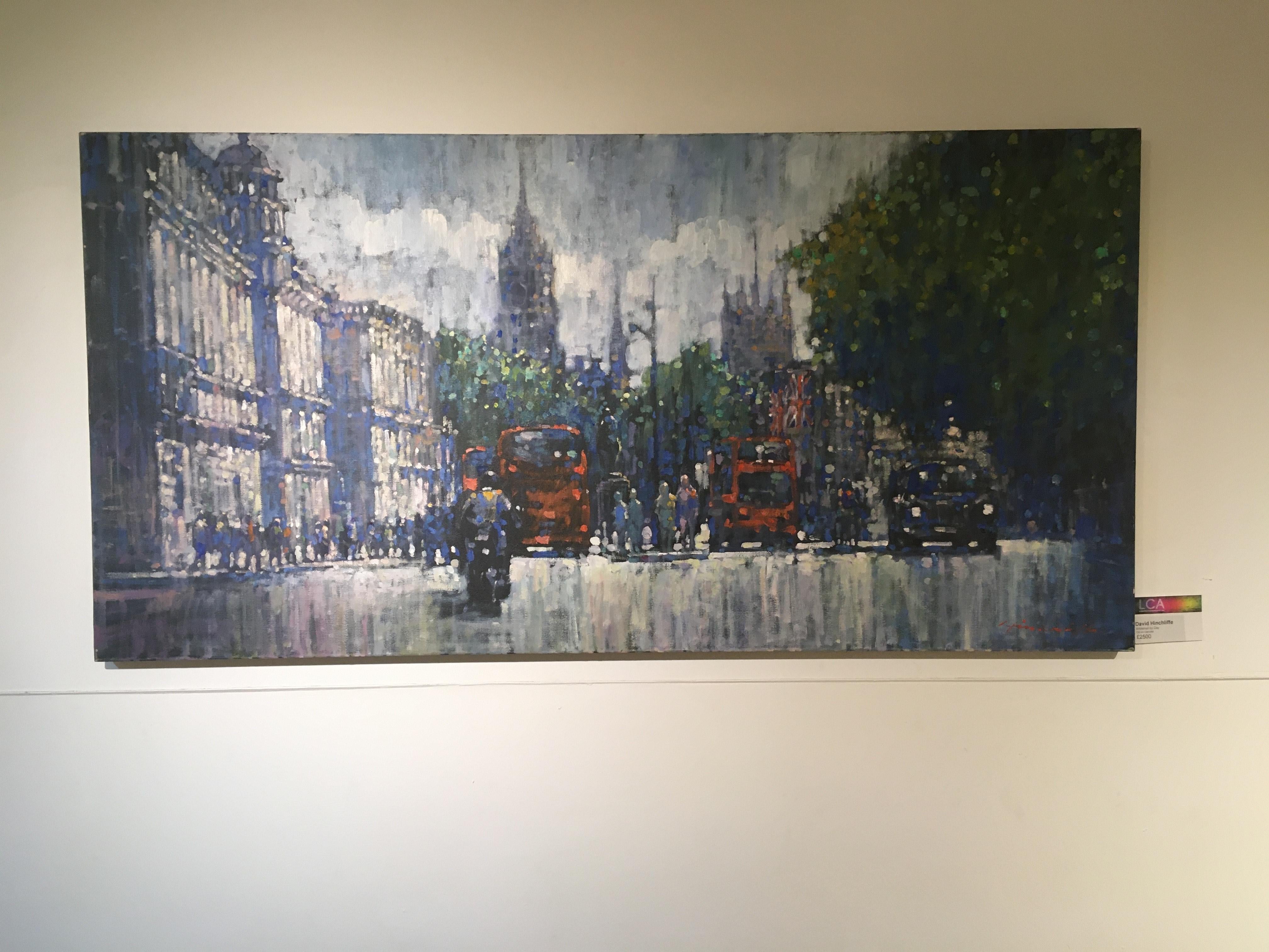 Whitehall by Day - contemporary impressionism London cityscape pianting traffic - Painting by David Hinchliffe