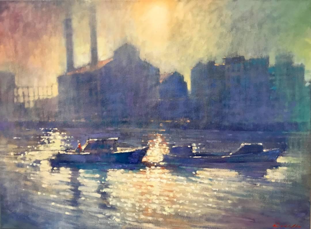 David Hinchliffe Figurative Painting - The View from Battersea - impressionist London cityscape riverside oil painting