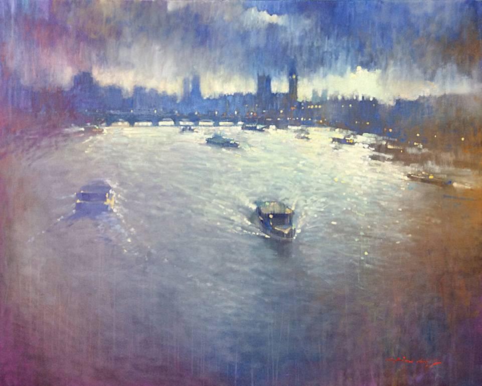 David Hinchliffe Still-Life Painting - Last Light Over Westminster -impressionist blue London cityscape oil on canvas