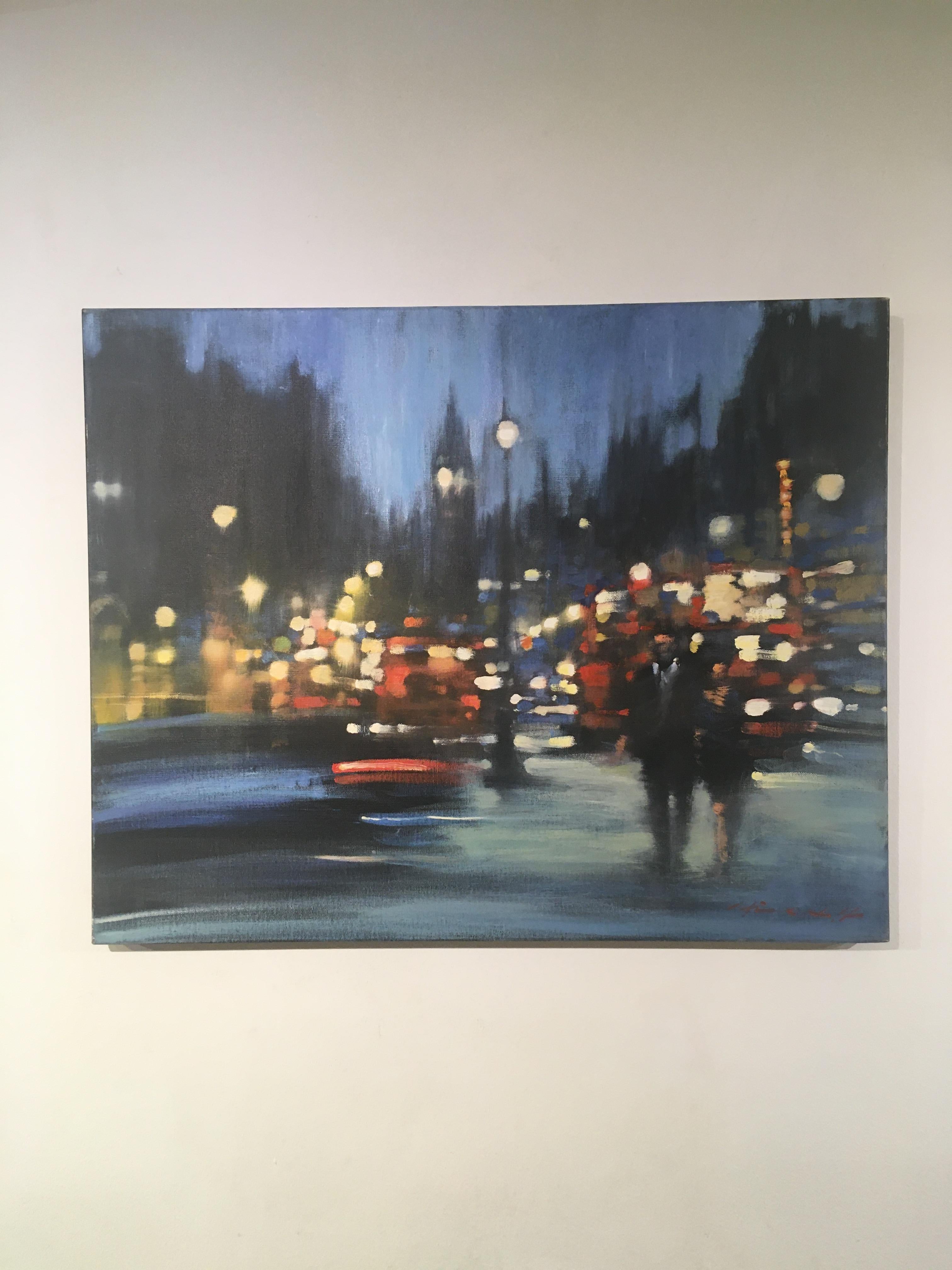 London Night - contemporary impressionist painting London night cityscape lights - Painting by David Hinchliffe