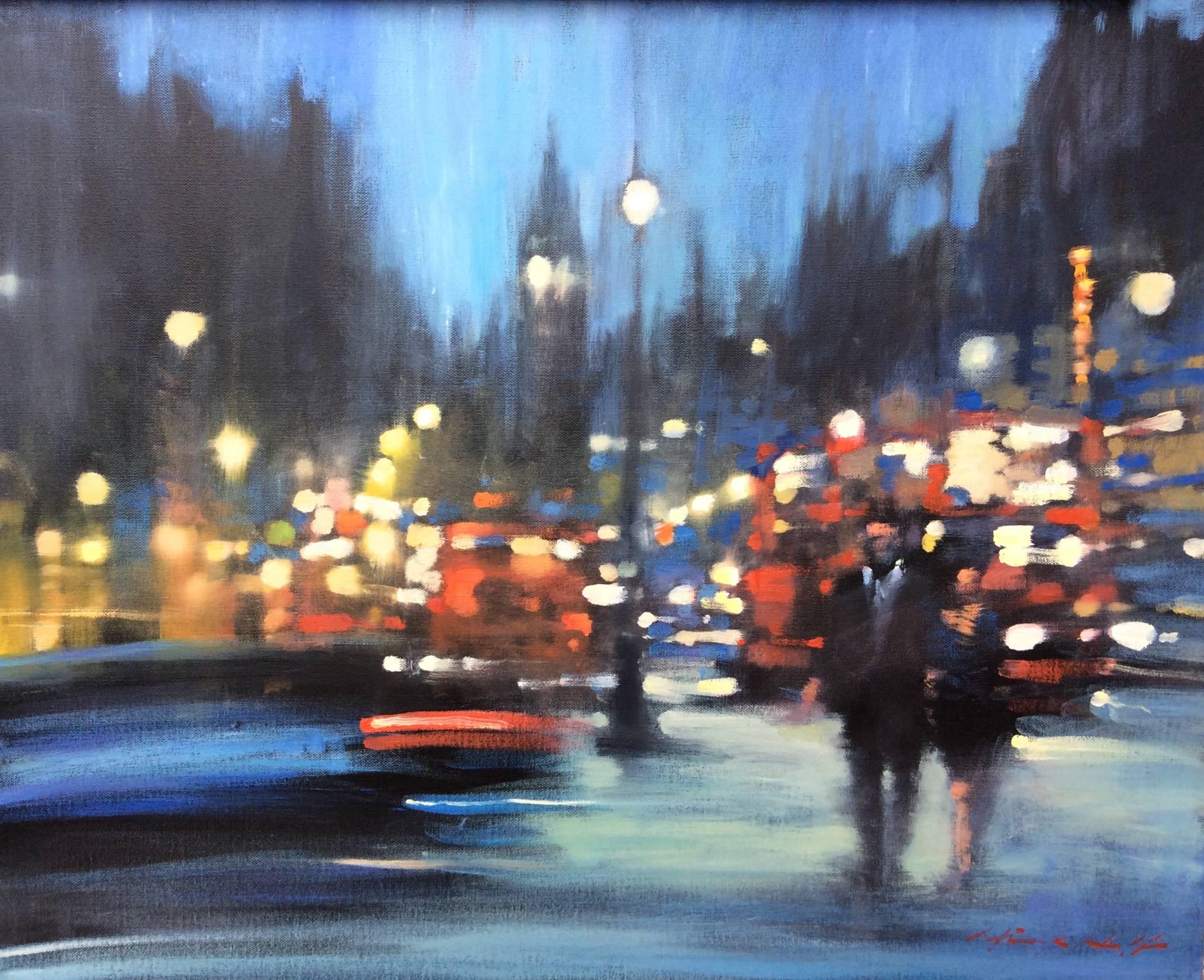 David Hinchliffe Landscape Painting - London Night - contemporary impressionist painting London night cityscape lights