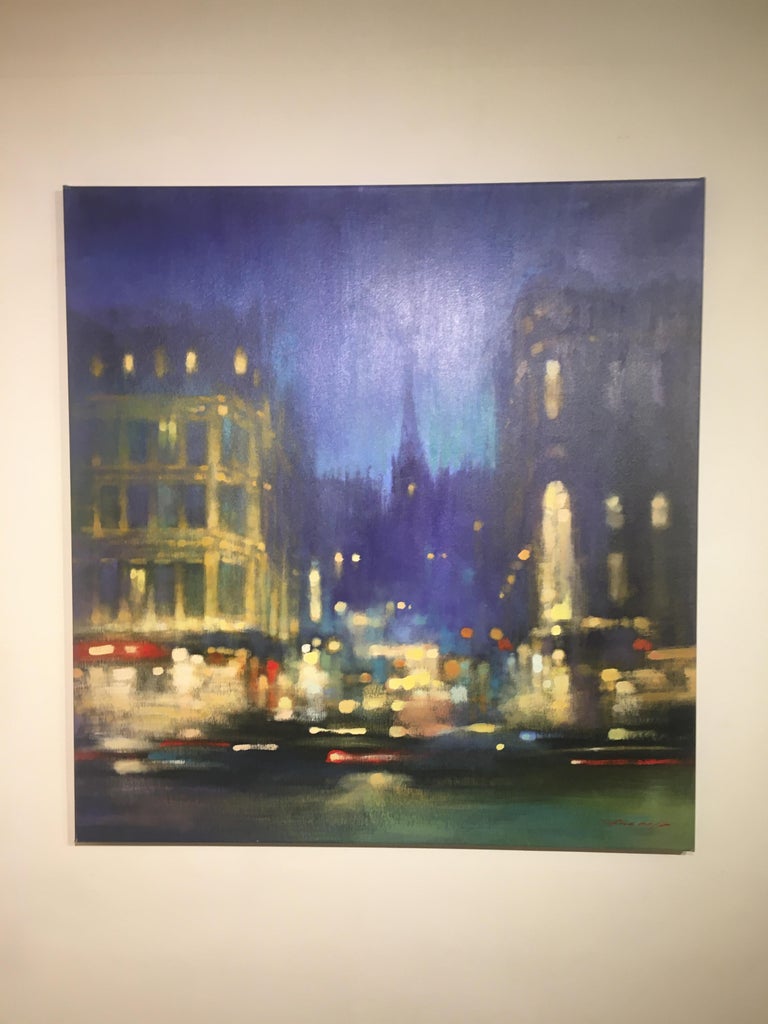 London Bustle by Night - contemporary impressionist night London cityscape - Painting by David Hinchliffe