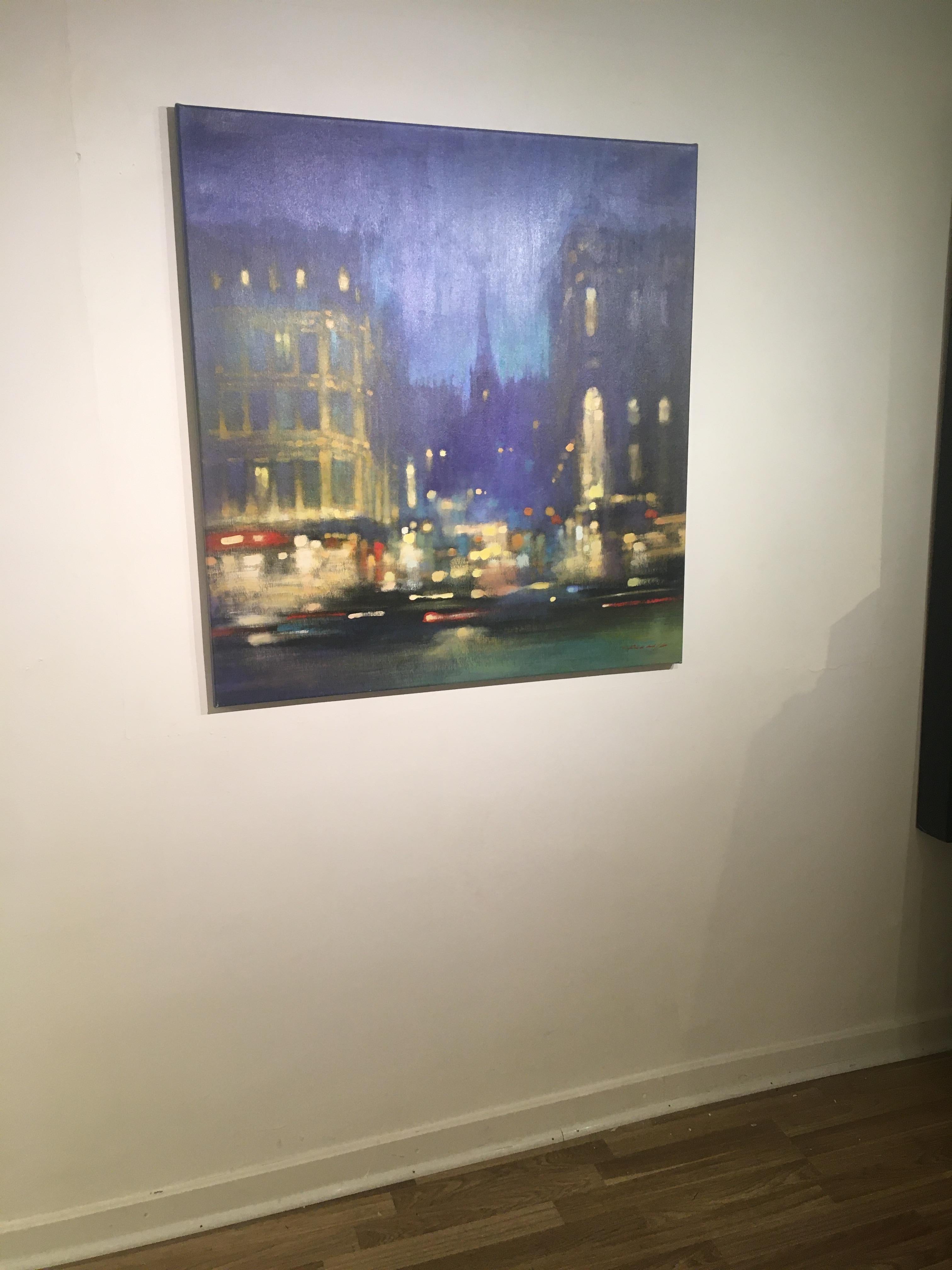 London Bustle by Night - contemporary impressionist night London cityscape - Contemporary Painting by David Hinchliffe